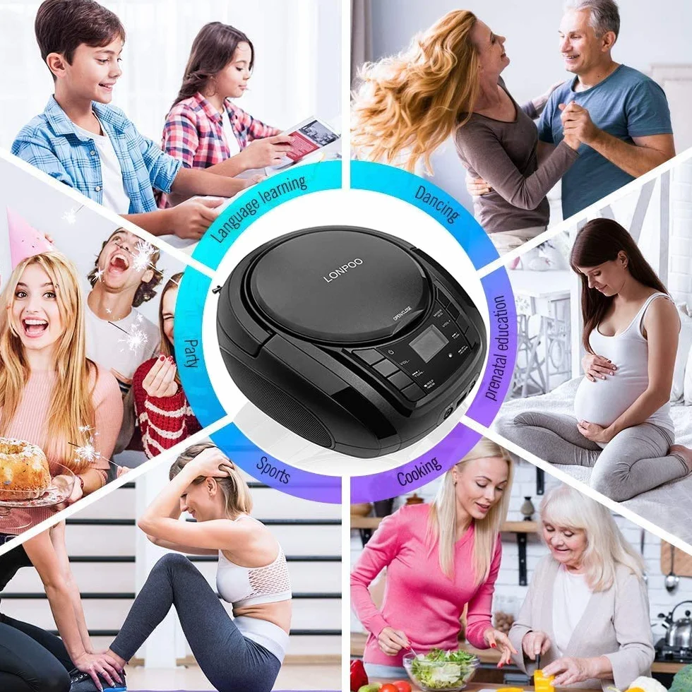 LONPOO Reproductor de CD Portátil Bluetooth con Altavoz HiFi, Radio FM, USB, AUX