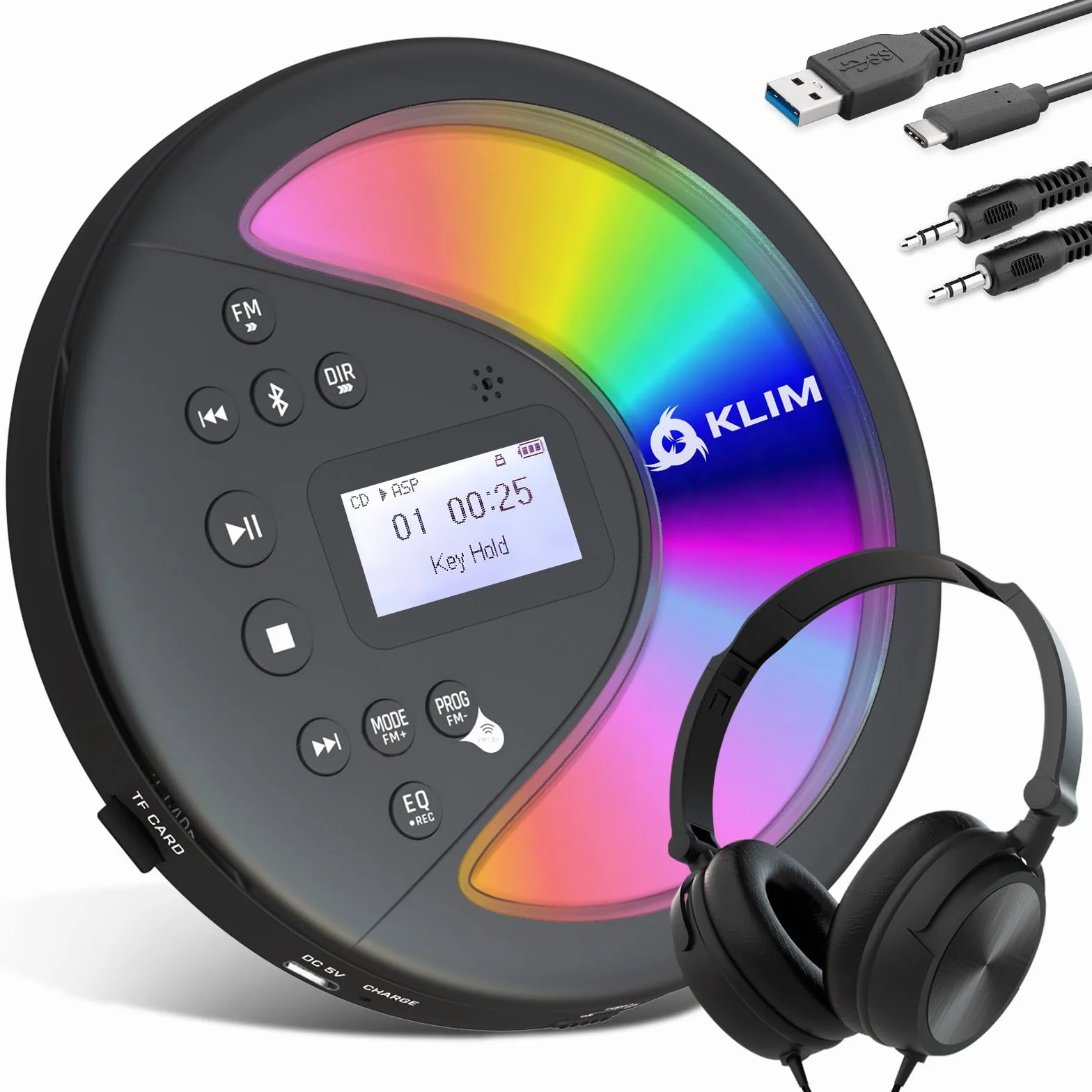 KLIM Discover con Auriculares - Reproductor de CD Portátil - Discman con batería de Larga duración - Radio FM Portátil Compatible MP3, SD Card, Bluetooth - Ideal para Coches