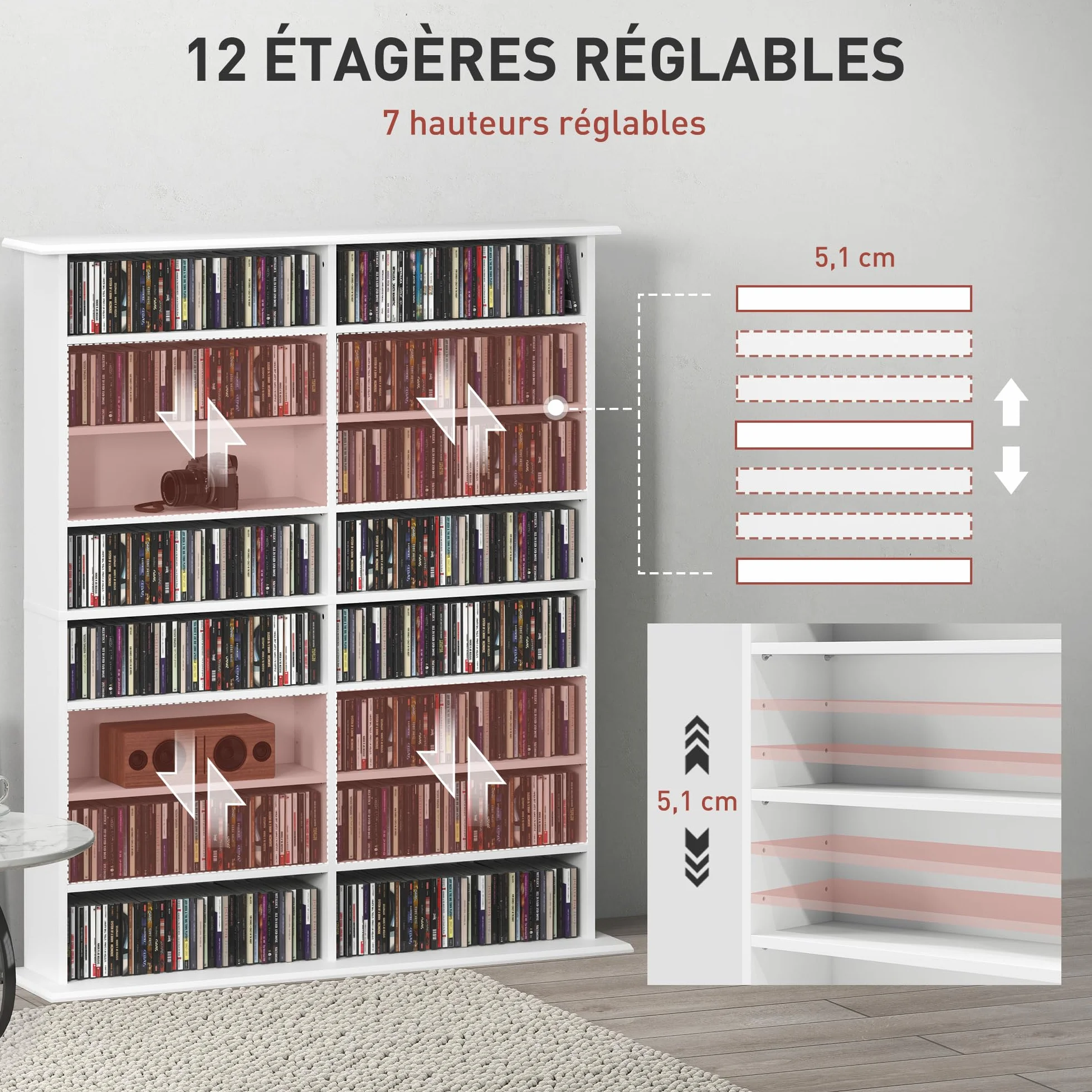 Unidad de Almacenamiento de CD y DVD HOMCOM, Unidad de Almacenamiento Multimedia con 16 Compartimentos y 12 estantes Ajustables, Capacidad máx. 720 CD/396 DVD y BLU-Ray, 106,5 x 24 x 123,7 cm, Blanco