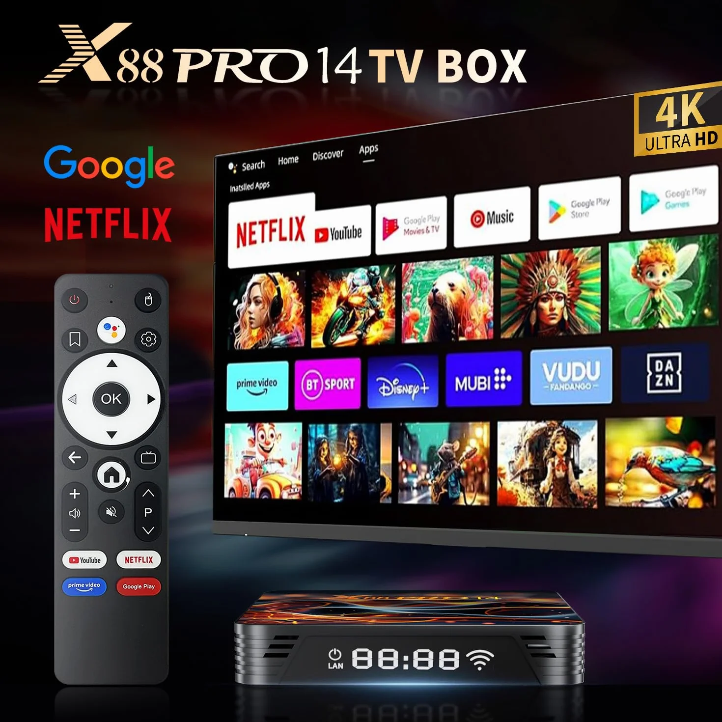 Android 14.0 TV Box 4K 2GB RAM 16GB ROM RK3518 Quad-Core 64bit Cortex-A53 Mali 450 MP2 Bluetooth 5.0 Wi-Fi de Doble Banda