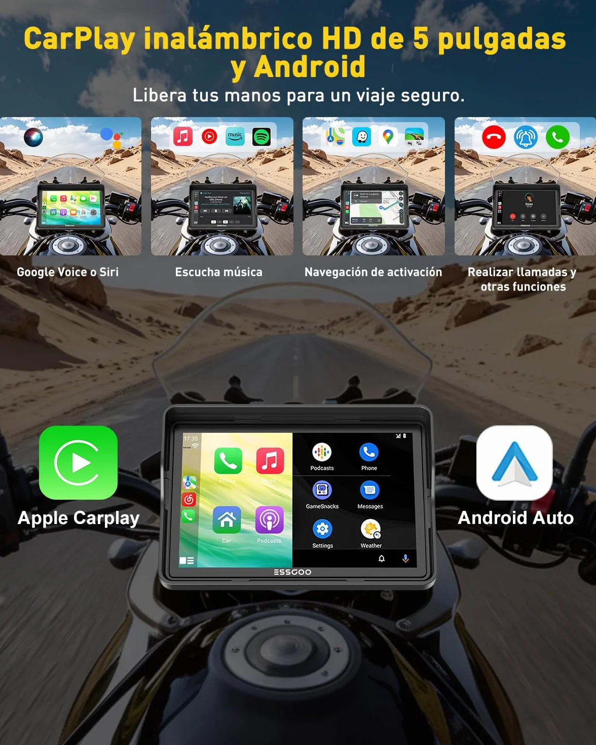 ESSGOO Carplay Moto 5 Pulgadas Pantalla Táctil, Android Auto GPS Navegador, Inalámbrico, IP67, Dual Bluetooth