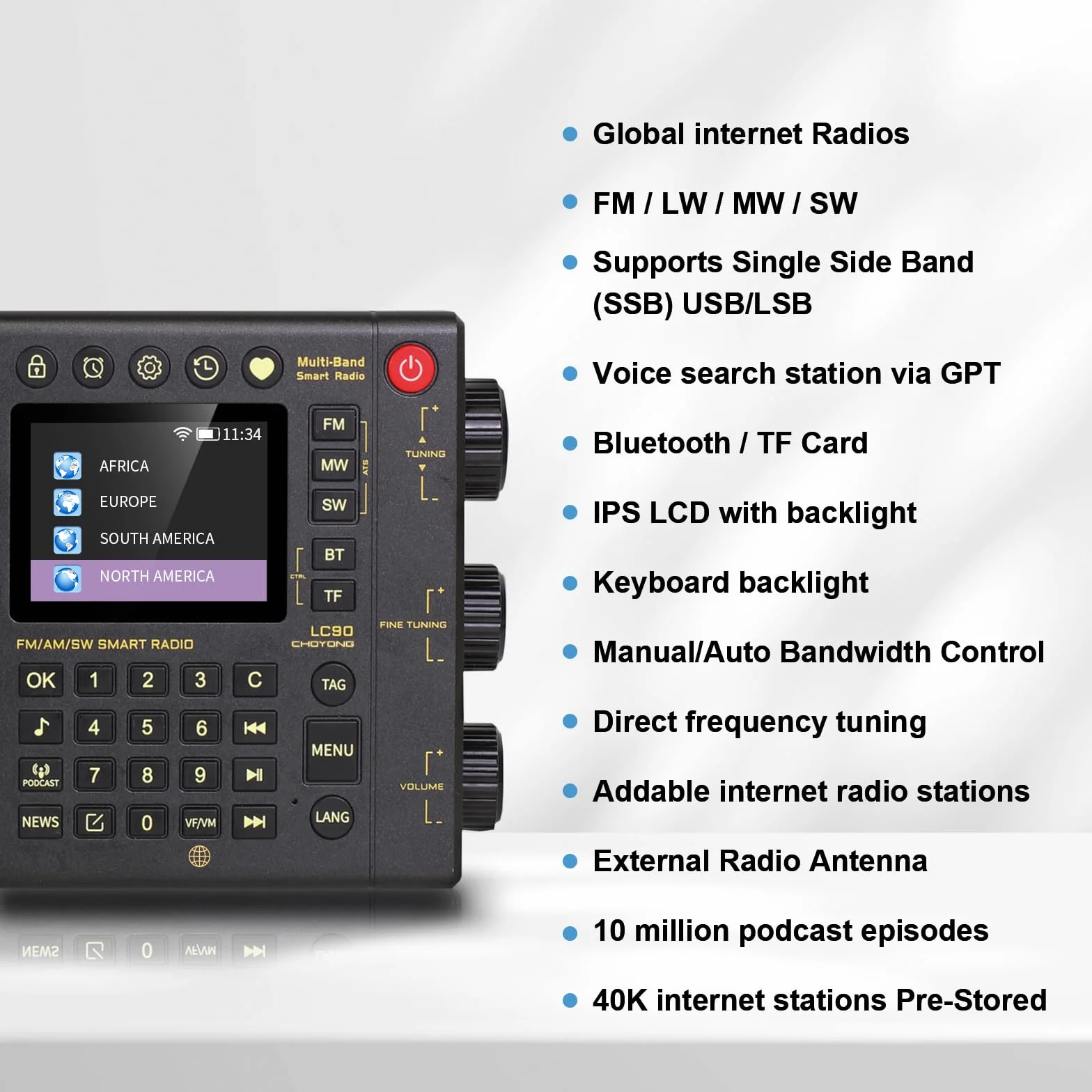 CHOYONG LC90 - Radio inteligente de Internet multibanda WIFI/4G, AM/FM, onda larga y receptor de radio portátil de onda corta con banda lateral SSB, Bluetooth, tarjeta TF, radios de todo el mundo,