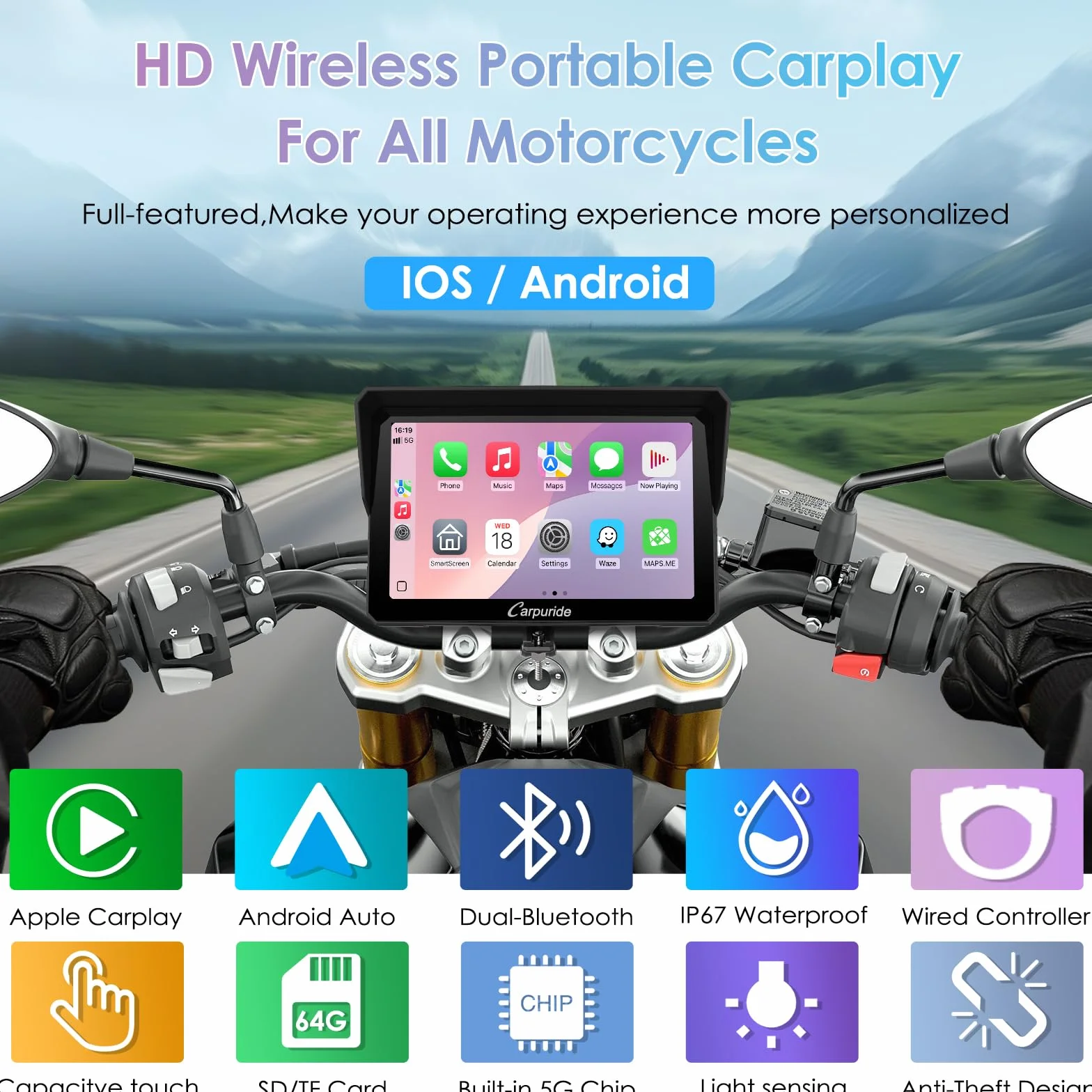 CARPURIDE W702S Motocicleta CarPlay Pantalla con BM05 Soporte para Conectar y Usar, Inalámbrico CarPlay y Android Auto, 7" Impermeable Táctilpantalla, Bluetooth Trans, Control con Cable, Navegación.