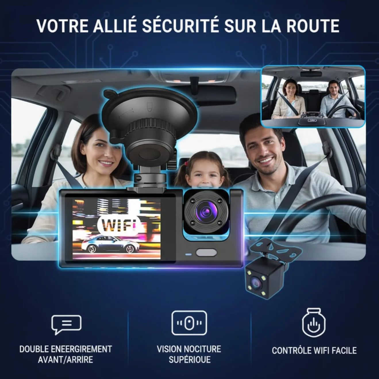 Cámara Dashcam 3 cámaras 1080P Full HD | Seguridad máxima 360° sin ángulo muerto, visión nocturna y estacionamiento vigilado, WiFi integrada detección de movimiento, ideal para conductor VTC