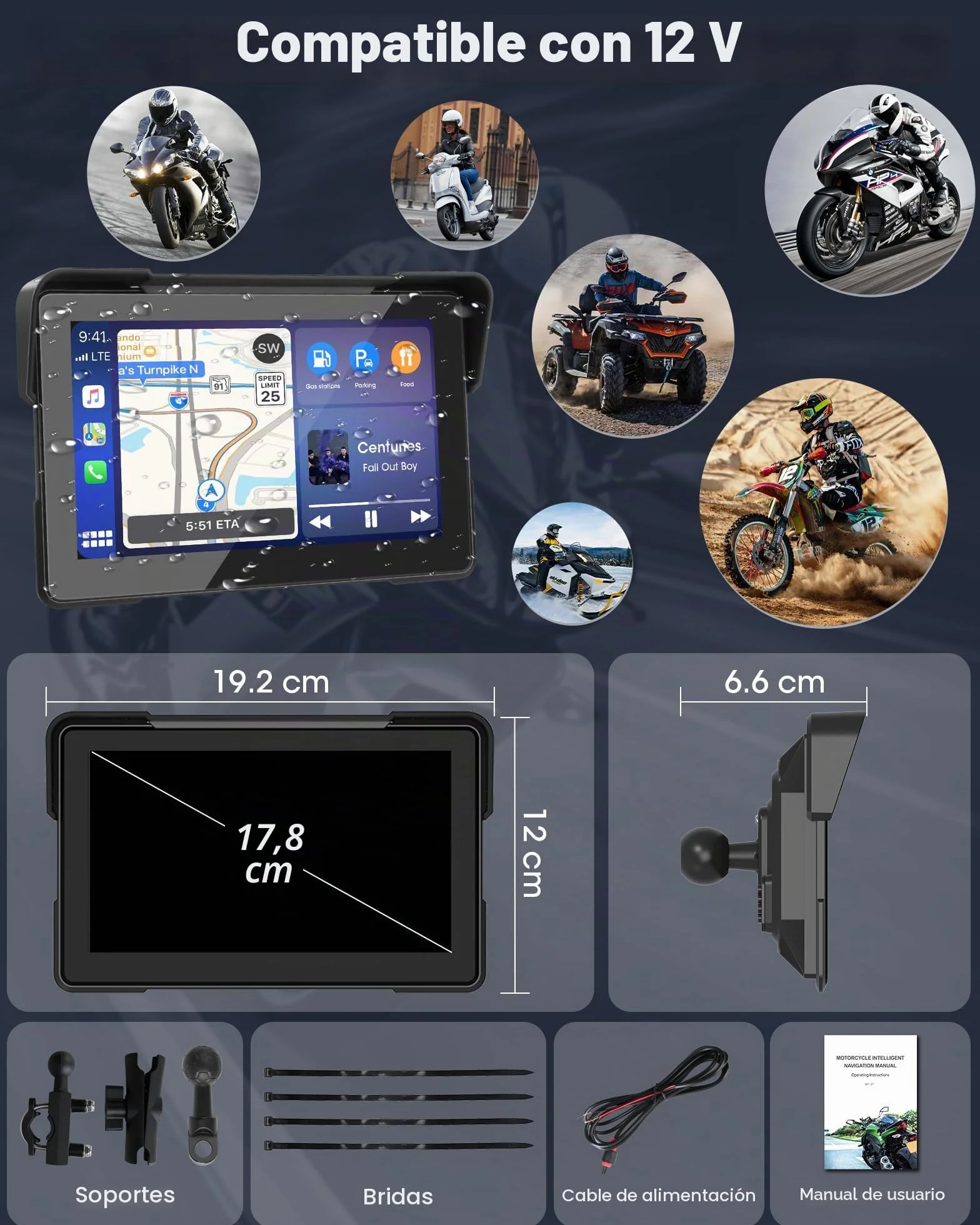 7 Pulgadas Carplay Moto Android Auto Moto Pantalla Carplay Portátil Inalámbrica con Navegador para Motocicletas, Siri/Asistente de G-oogle, Bluetooth, Impermeable IP67 para Viaje al Trabajo
