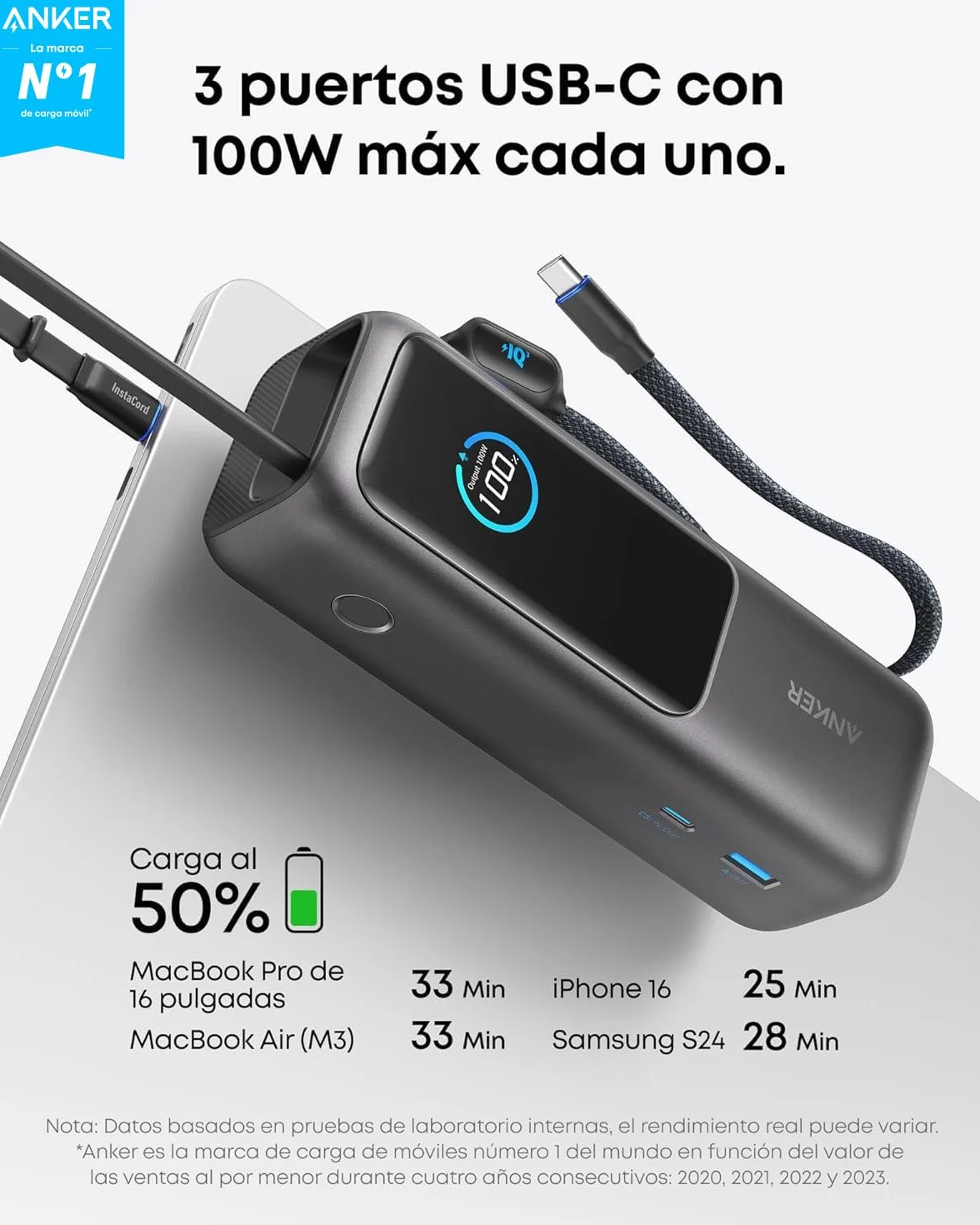 Anker Zolo Power Bank Cargador portátil de 25000mAh y 165W, Tres Puertos USB-C de 100W MAX, Apto para Avión, Cables Integrados y retráctiles, para iPhone 17/16/15, MacBook y más