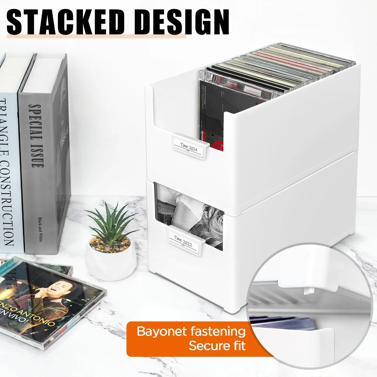 Caja de almacenamiento de CD apilable de plástico para 25 CD, caja de almacenamiento de CD para escritorio y estantería