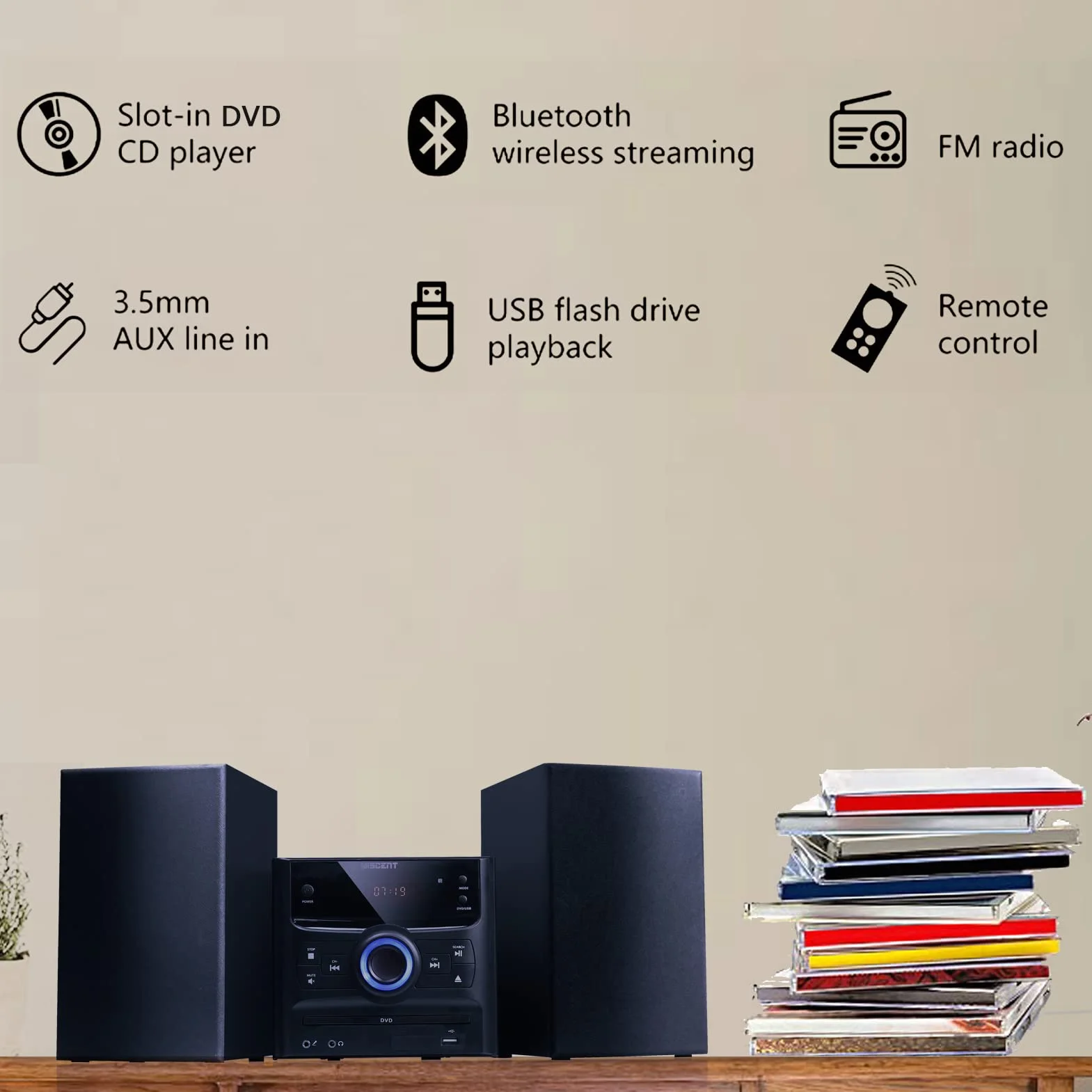 WISCENT Minicadena de Música con CD Bluetooth 30W Estéreo para el Hogar