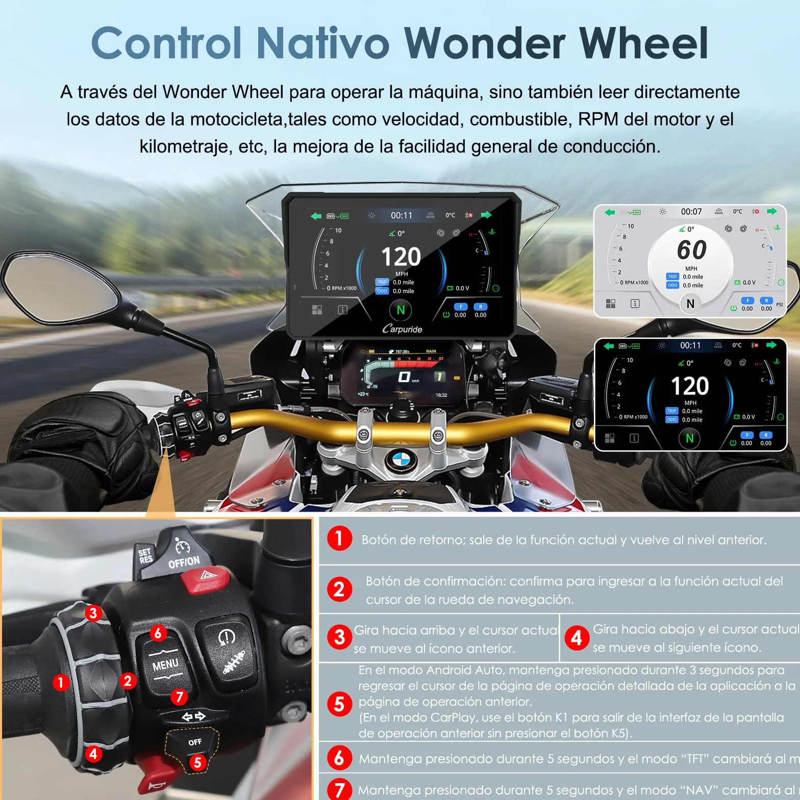 Carpuride W702BS Pro Motocicleta Carplay Pantalla 7" Impermeable táctil Inalámbrico CarPlay Android Auto Dual Bluetooth Intercomunicador