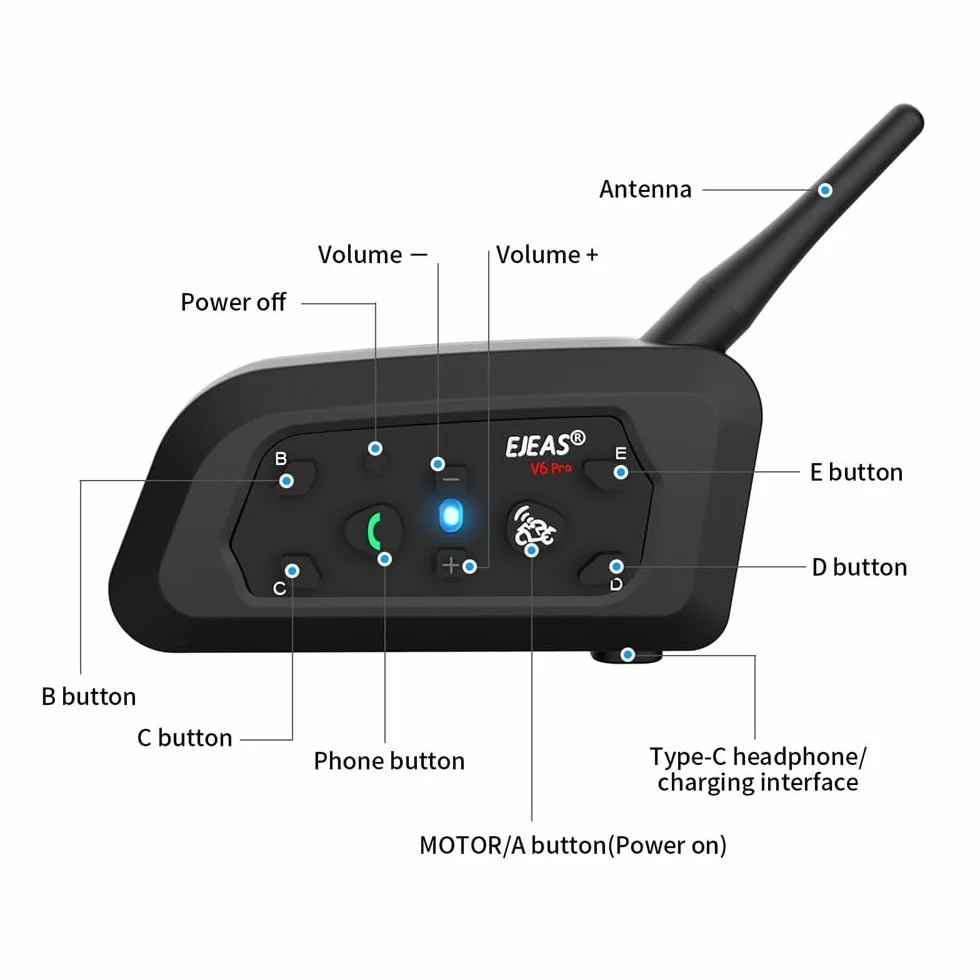 EJEAS V6 Pro+ BT Interphone 1200M Bluetooth Casco Intercom Auriculares con Control Avanzado de Ruido para 6 Riders (2 Pieza)