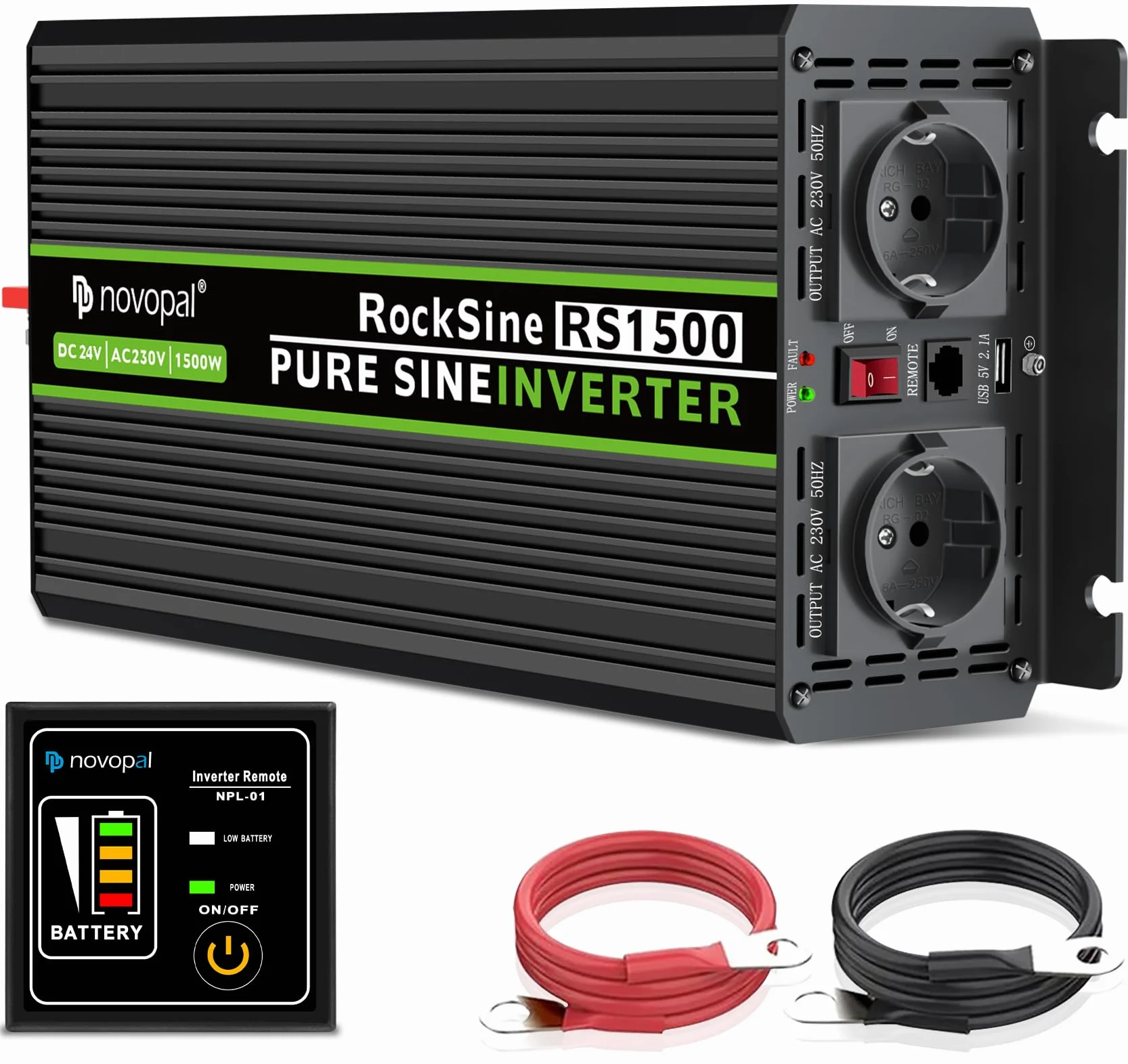 NOVOPAL Inversor 24V 230V Onda Pura 1500W Convertidor de Corriente Conversor con 5m Control Remoto para Coche Camion