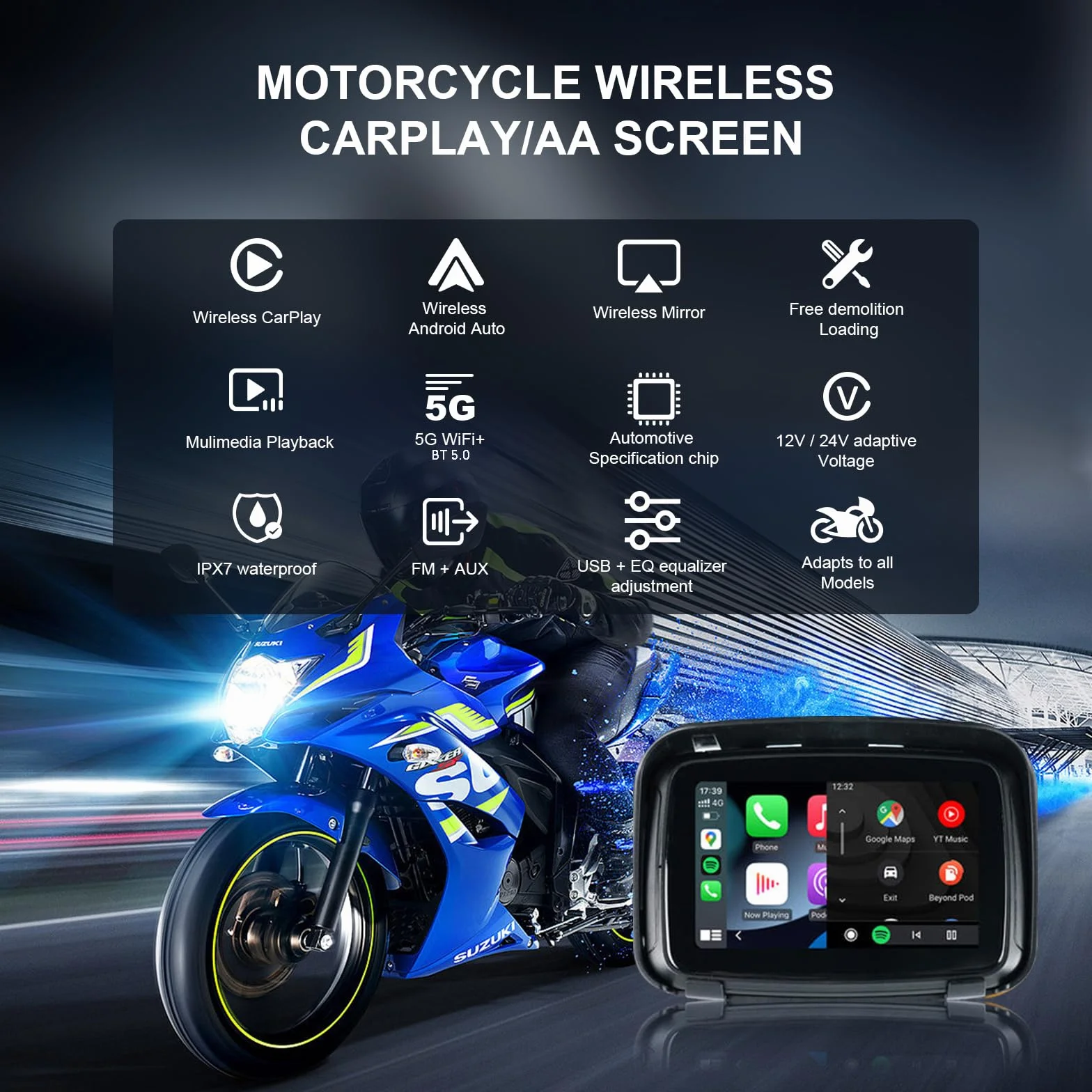 KAOLALI Pantalla Carplay para Motocicleta CarPlay Inalámbrico y Android Auto IP67 Impermeable Táctil de 5 Pulgadas Estéreo Portátil Inalámbrico para Moto Compatible con Navegación GPS, Siri