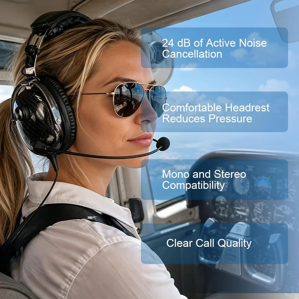Auriculares de aviación de fibra de carbono con reducción de ruido pasiva, compatibilidad mono y estéreo, micrófono con cancelación de ruido, entrada MP3, incluye bolsa para