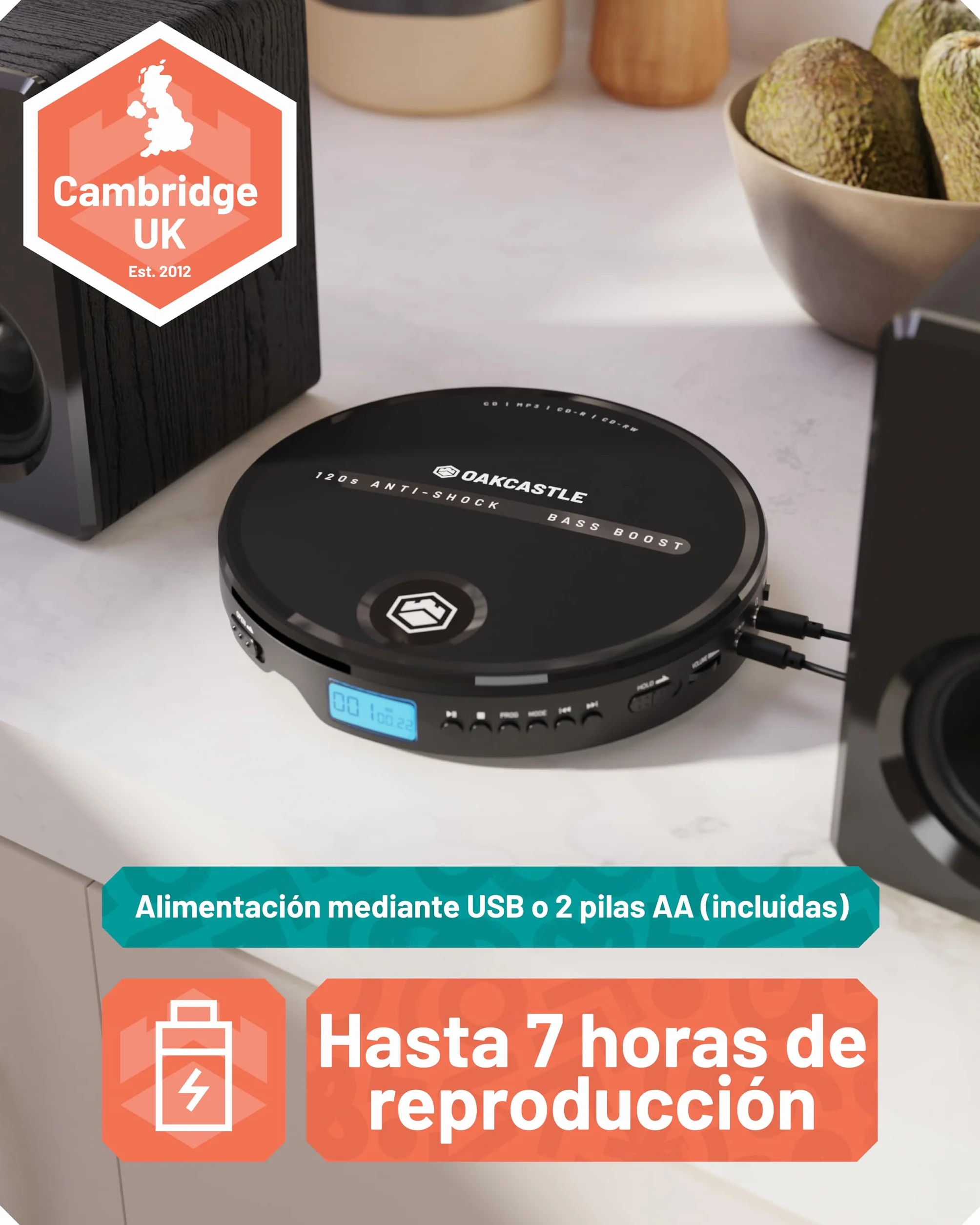 OAKCASTLE CD10 Reproductor CD Portatil con Bateria 7 Horas Auriculares Antichoque