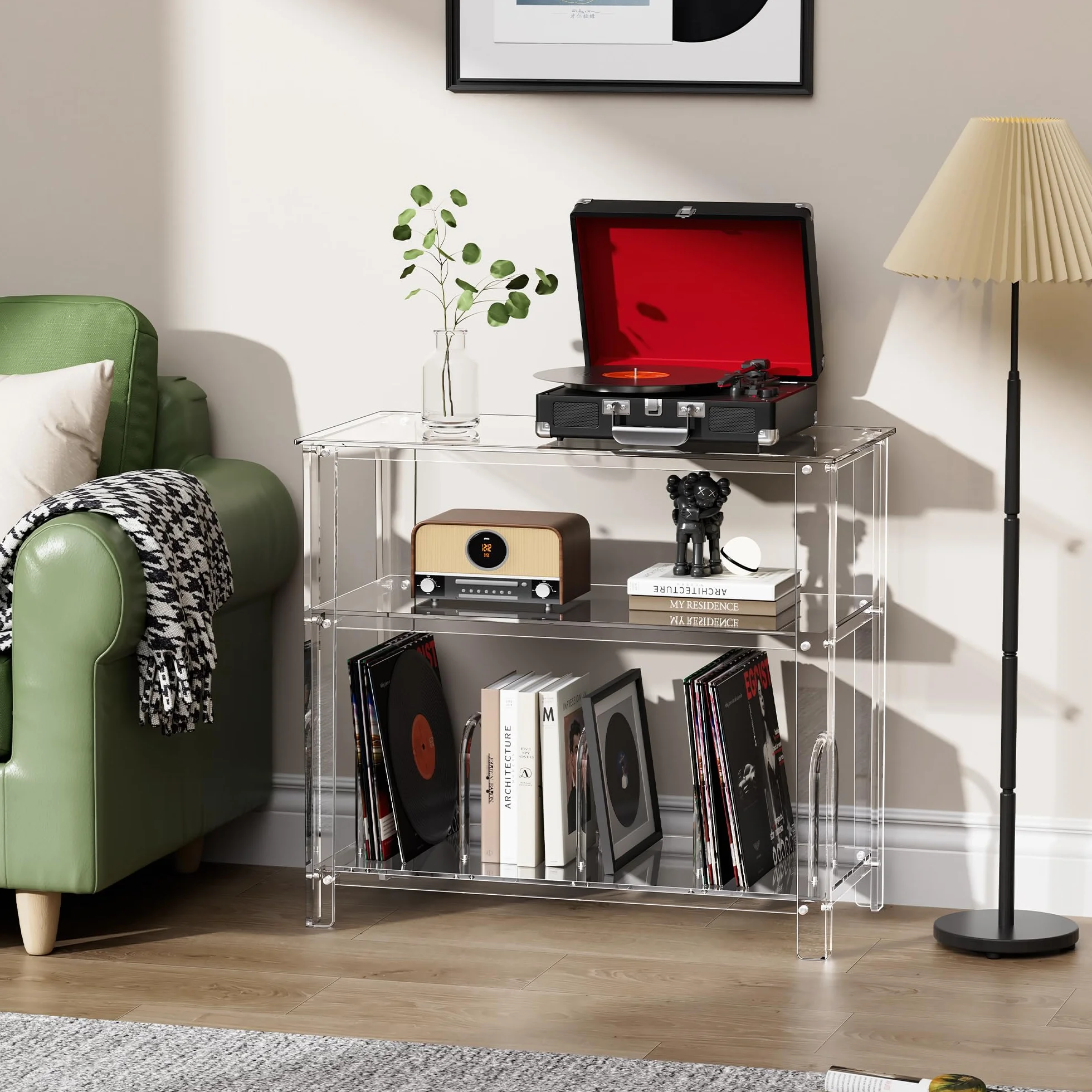 Mueble Tocadiscos, Acrilico Metacrilato, Soporte para Tocadiscos y Vinilo, Transparente, 80 x 40 x 74 cm