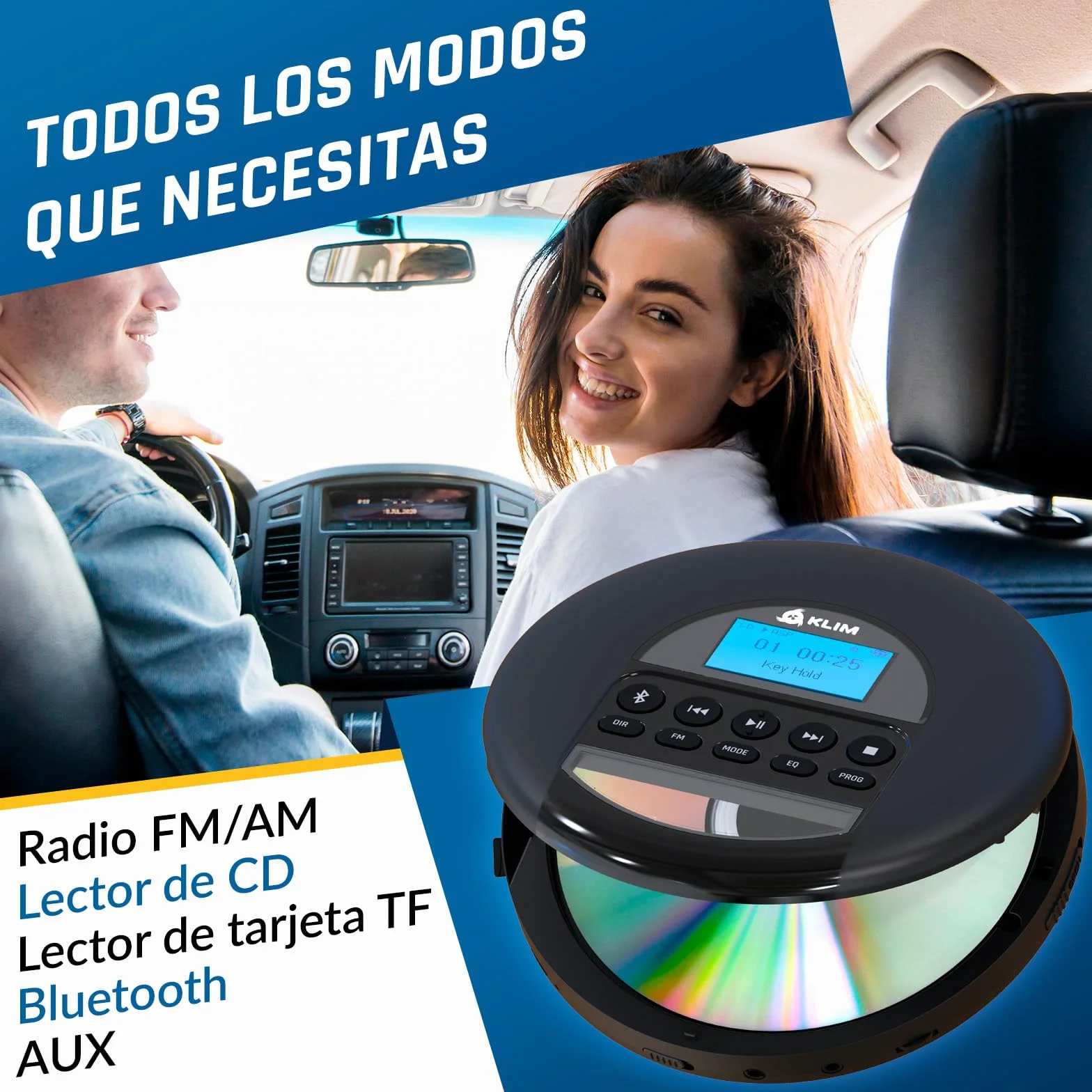 KLIM Nomad Reproductor CD Portátil con Batería Interna Larga Duración y Auriculares Fusion - 16GB TF Card - CD Player Mini Compacto - Radio FM Compatible CDR CDRW MP3 - Negro
