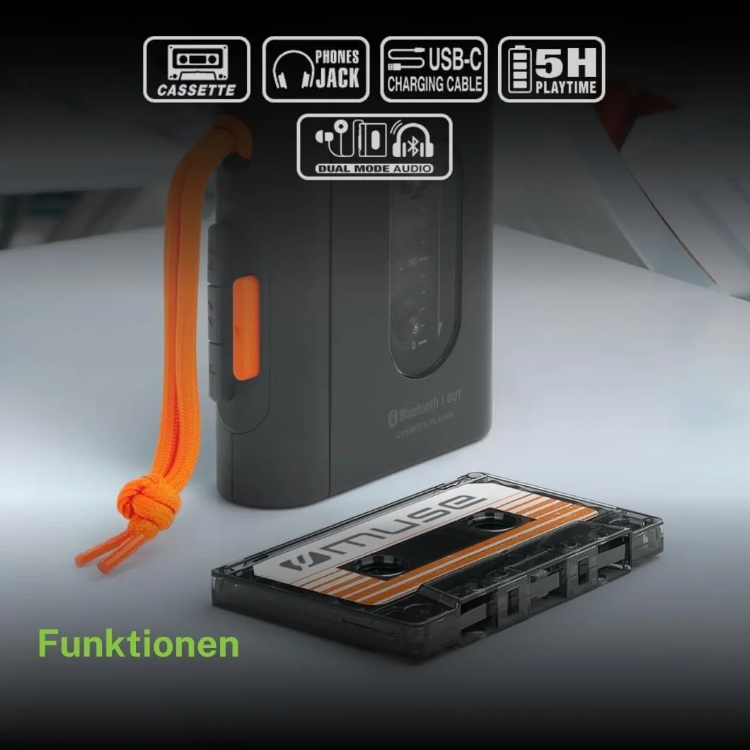 Muse M132WM Reproductor de Cassette Semi-Auto Stop Bluetooth Bateria Recargable USB-C