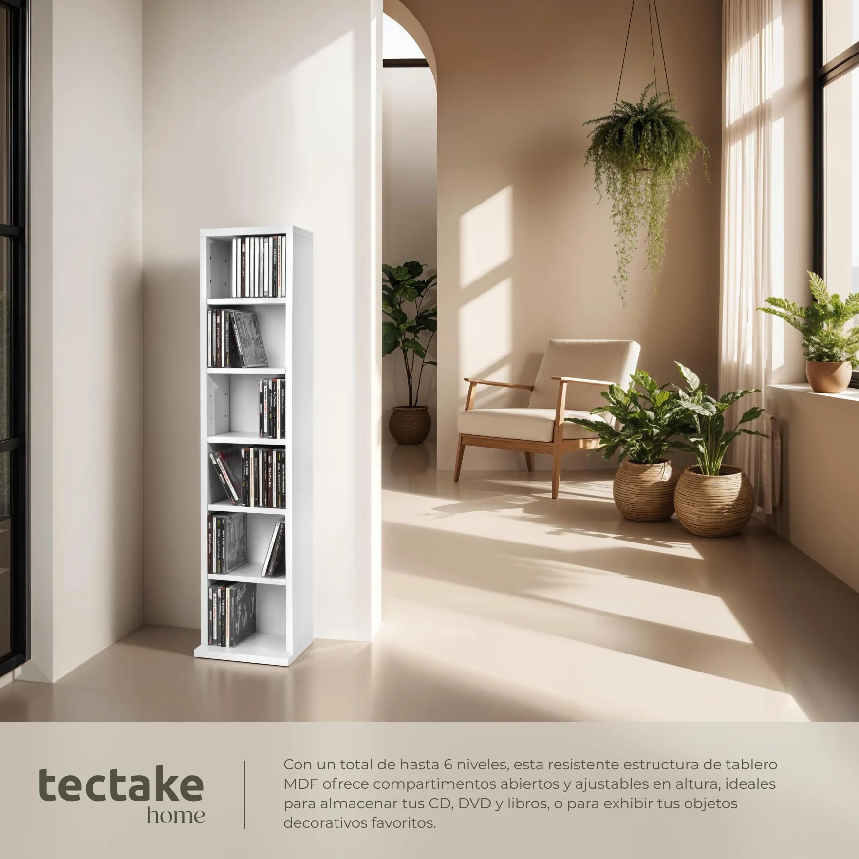 tectake® Estantería de Pared, Efecto Madera, 6 Compartimentos, Estantes Ajustables en Altura, para 102 CDs, Fácil de Montar, Almacenamiento, Decoración Habitación, Muebles Salón, Librería - Blanco