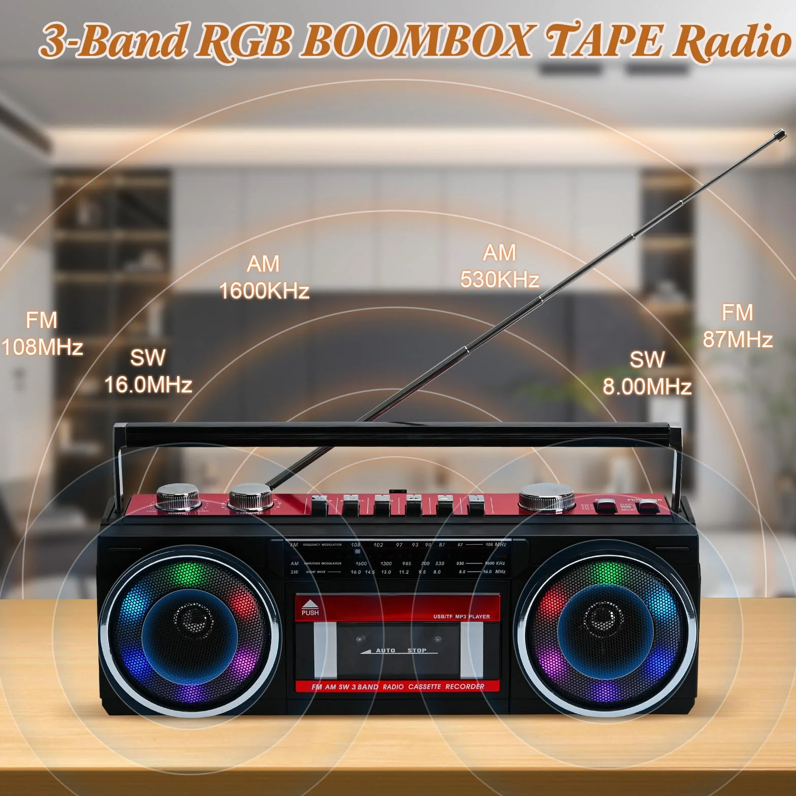 Reproductor de Casete portátil Boombox, Radio estéreo Am/FM/SW, Reproductor de Casete, grabadora de MP3, Bluetooth, USB, Luces RGB, Tarjeta TF (Rojo)