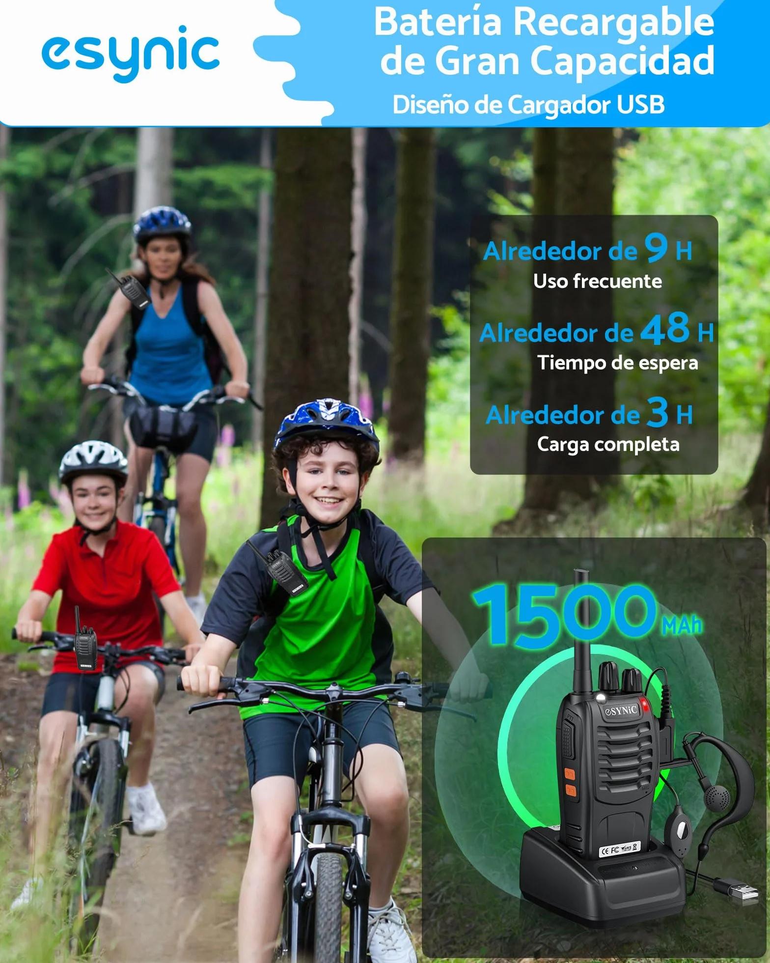 eSynic 4PCS Walkie Talkies de Larga Distancia con Auriculares Walkie-Talkie Profesional 16 Canales 1500mAh con Cargador USB Soporta VOX para Sobrevivir en el Campo Ciclisimo