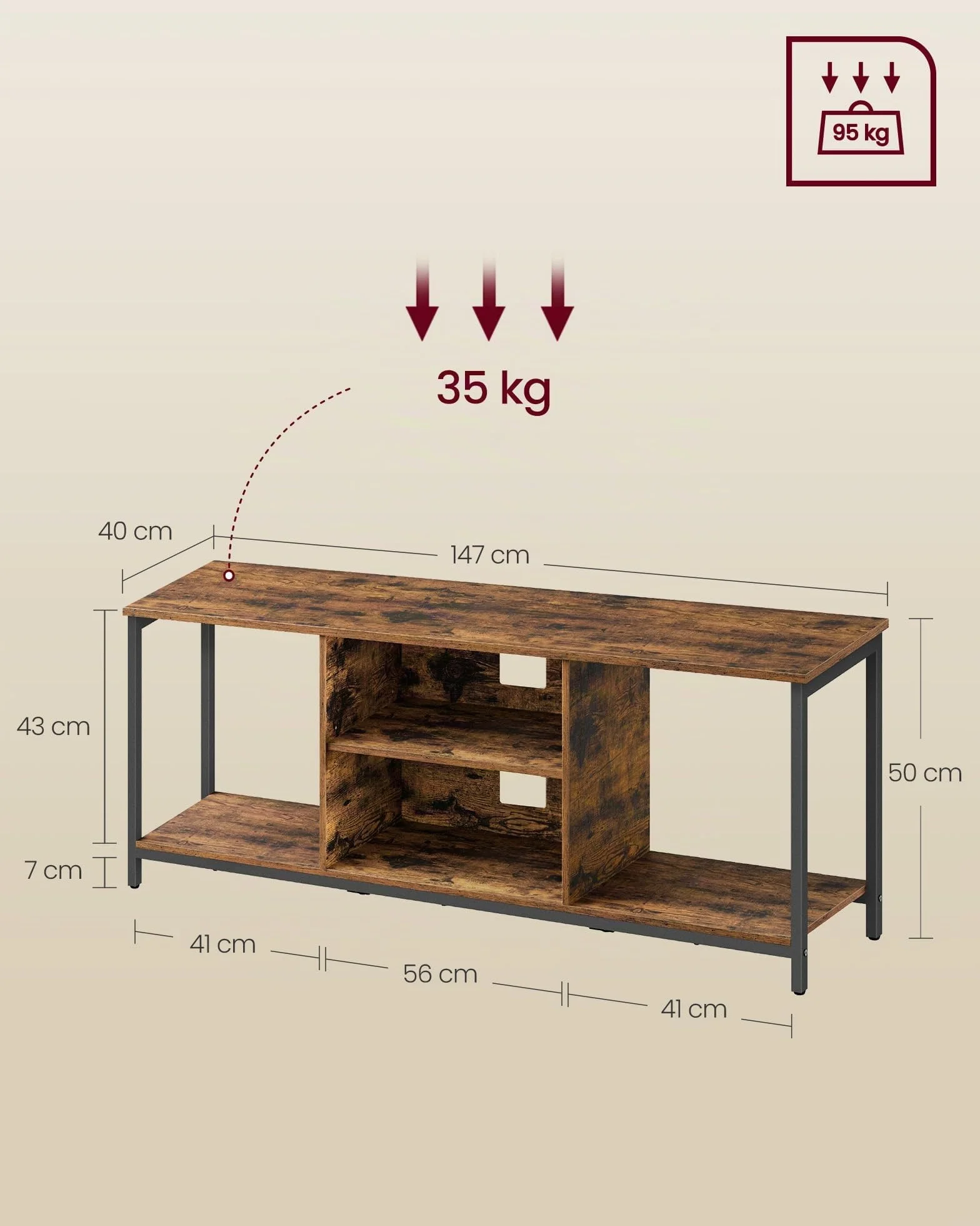 VASAGLE Soporte de TV hasta 65 Pulgadas Mueble Tele con Estantes Abiertos Consola Sala de Estar Marron Rustico Negro LTV061K01