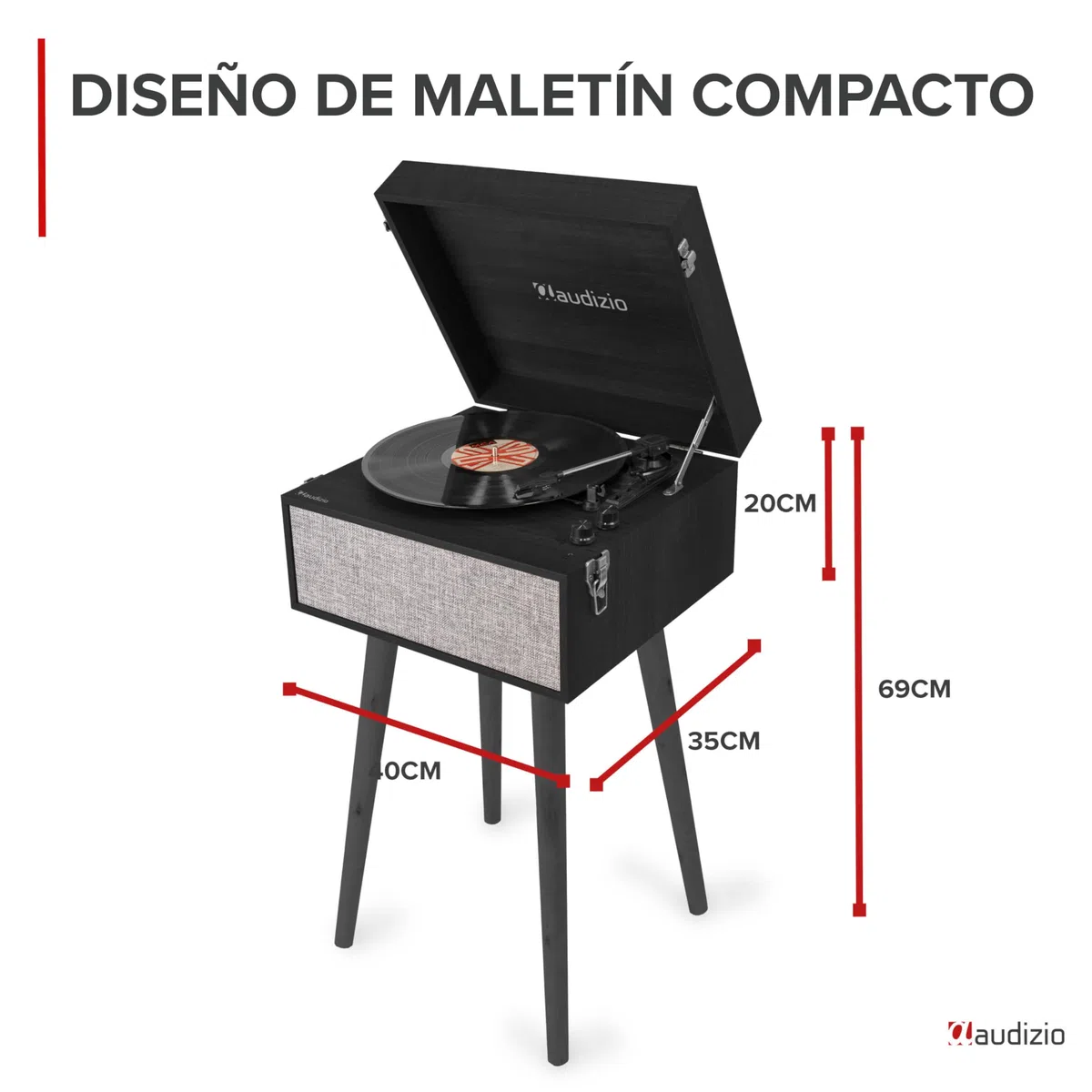 Audizio Fremont - Tocadiscos Retro con Patas de Madera, Bluetooth bidireccional, USB para digitalizar vinilos, Altavoces estéreo, RCA, 3 velocidades, Entrada AUX y Salida de Auriculares Color Negro