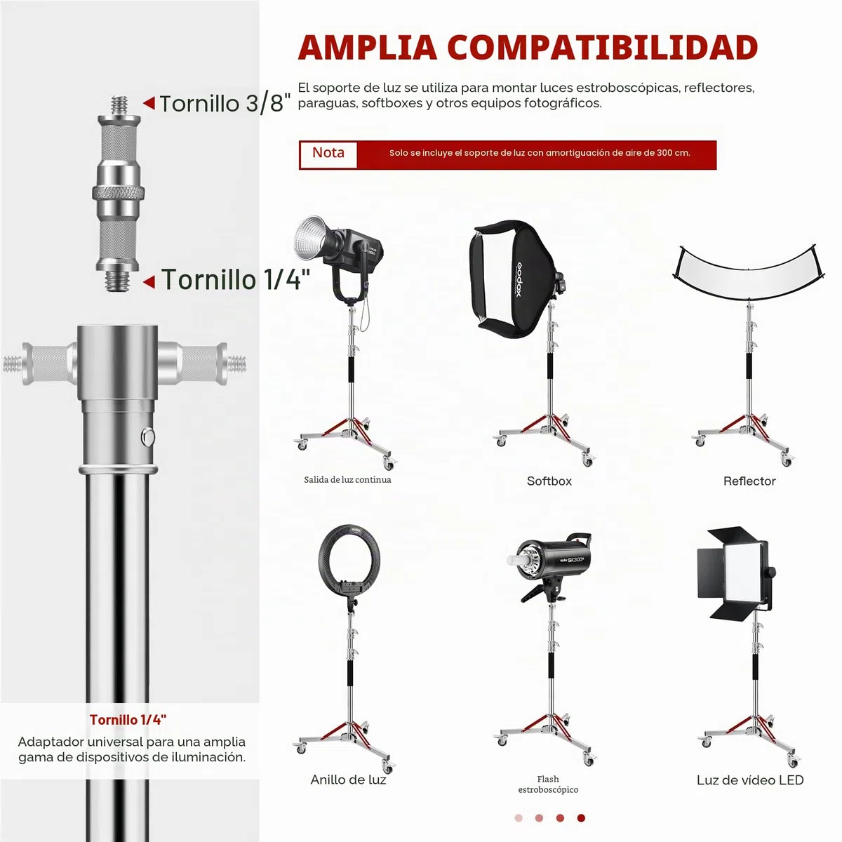 Soonpho WS-300 Pro Light Stand 100% Acero Inoxidable Soporte de Luz C Stand con Ruedas y Boom,Metal Heavy C-Stand Heavy Duty MAX. Altura 300 cm (9.84 pies) para Reflectores,Monolights