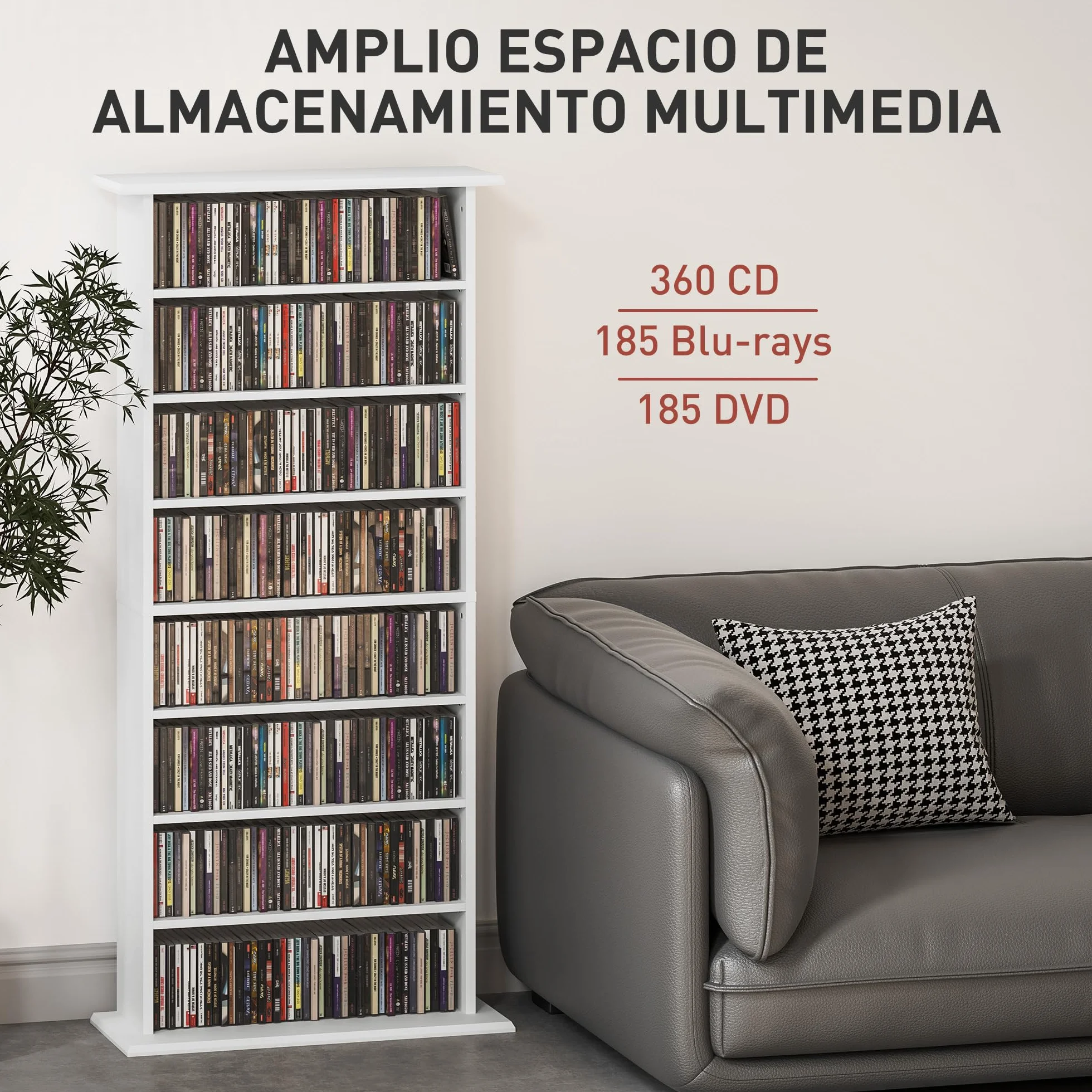 HOMCOM Estantería para CDs y DVDs Soportes para CD Estrechos con 8 Compartimentos Estantes Ajustables para Salón Oficina 58x24x126,3 cm Blanco