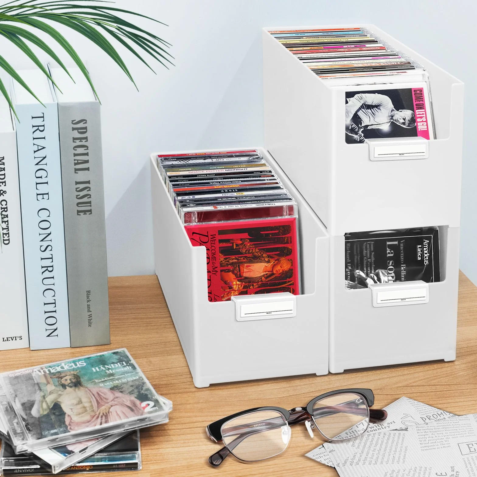 Caja de almacenamiento de CD apilable de plástico para 25 CD, caja de almacenamiento de CD para escritorio y estantería