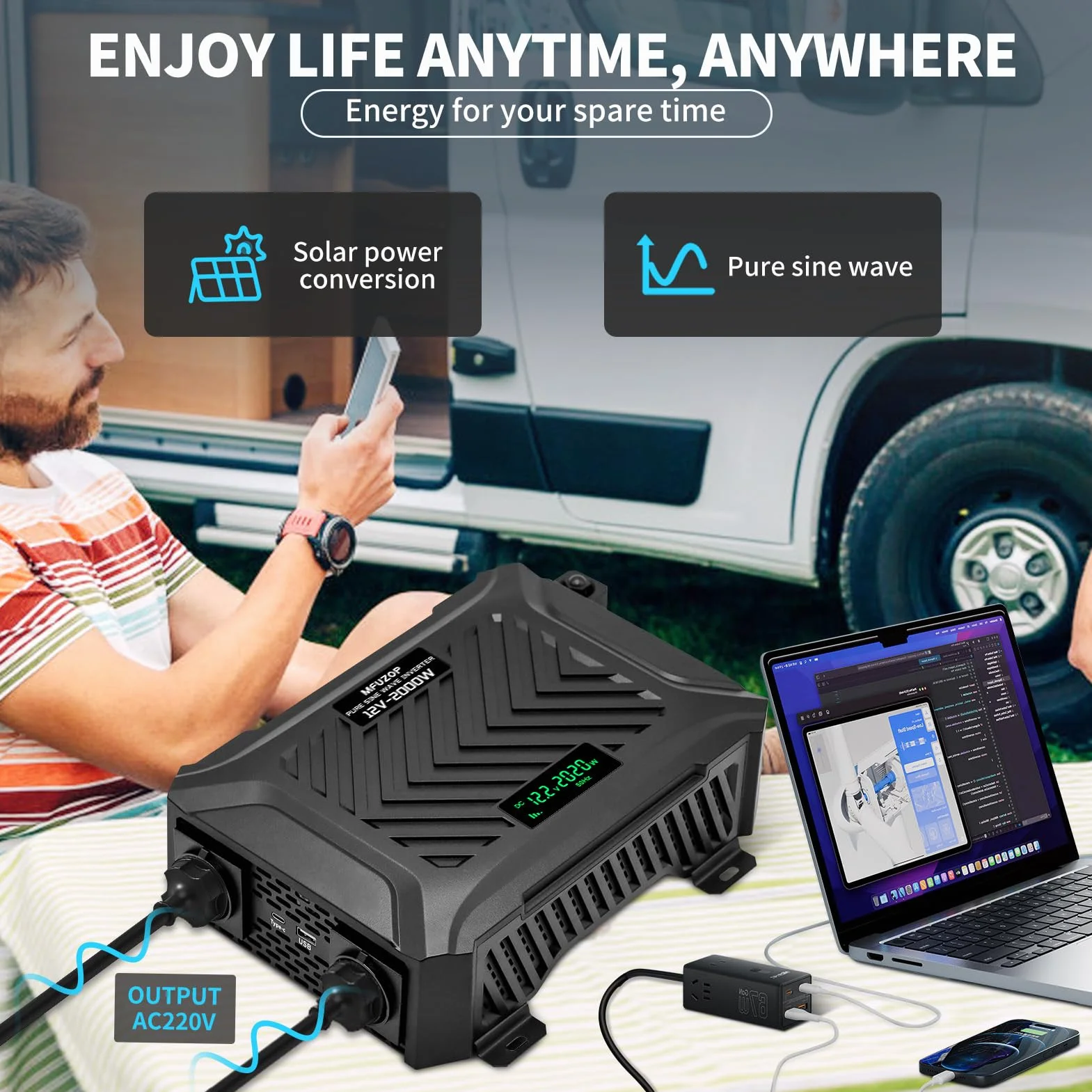 Inversor 12V 220V Onda Pura 2000W, Transformador con 2 Enchufes EU, Convertidor Potencia Pico 4000W, 1 USB-C & 1 USB-A (2,1A) para Camión Caravana Equipos Solares
