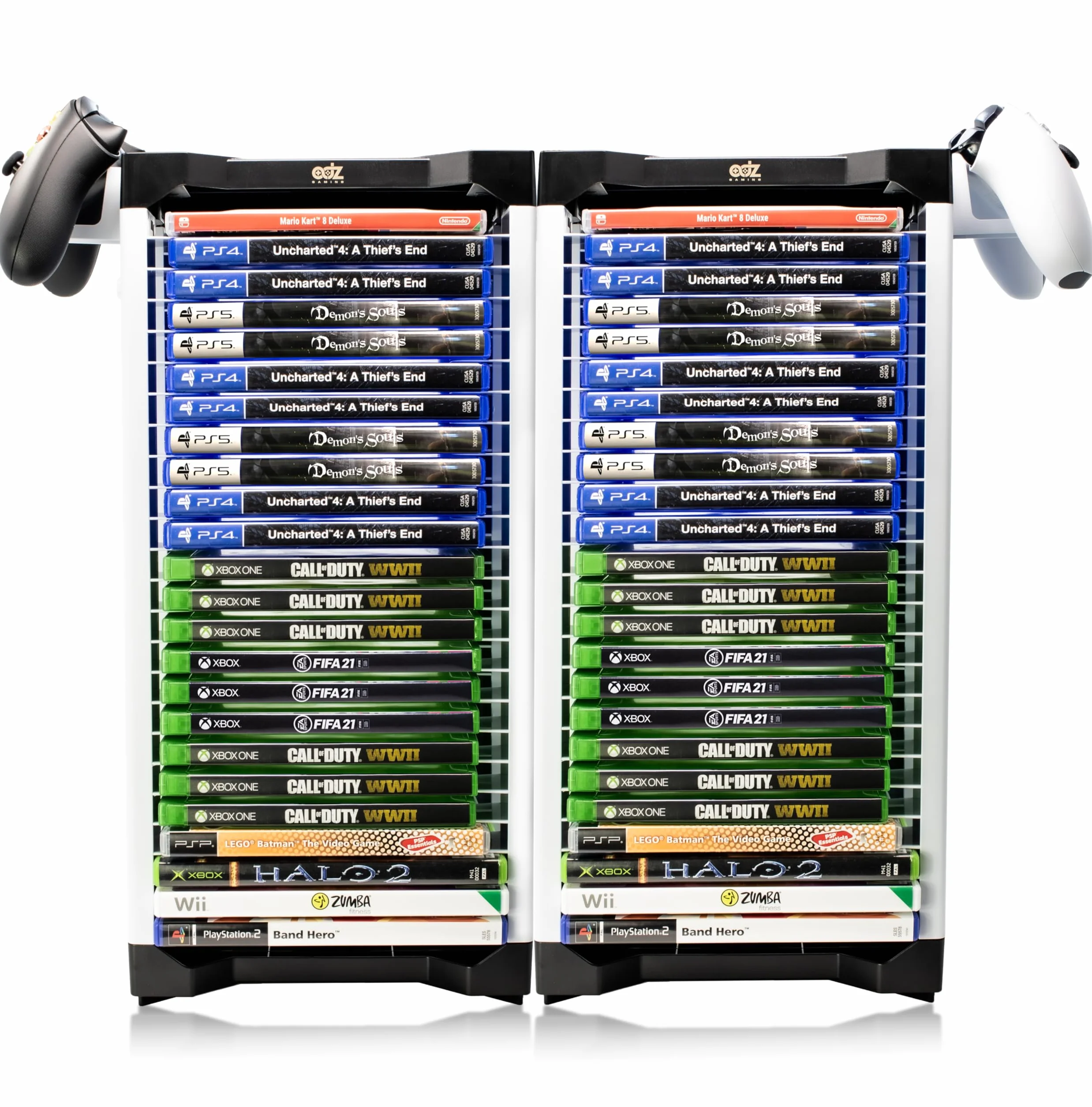 ADZ Soporte universal para juegos – 46 Game Storage Tower Rack for PS2 PS3 PS4 PS5 PSP Xbox 360 Xbox One Series X Wii Switch Games DVD and Blu-Ray Disks Includes 2 controladores Mounts (White)