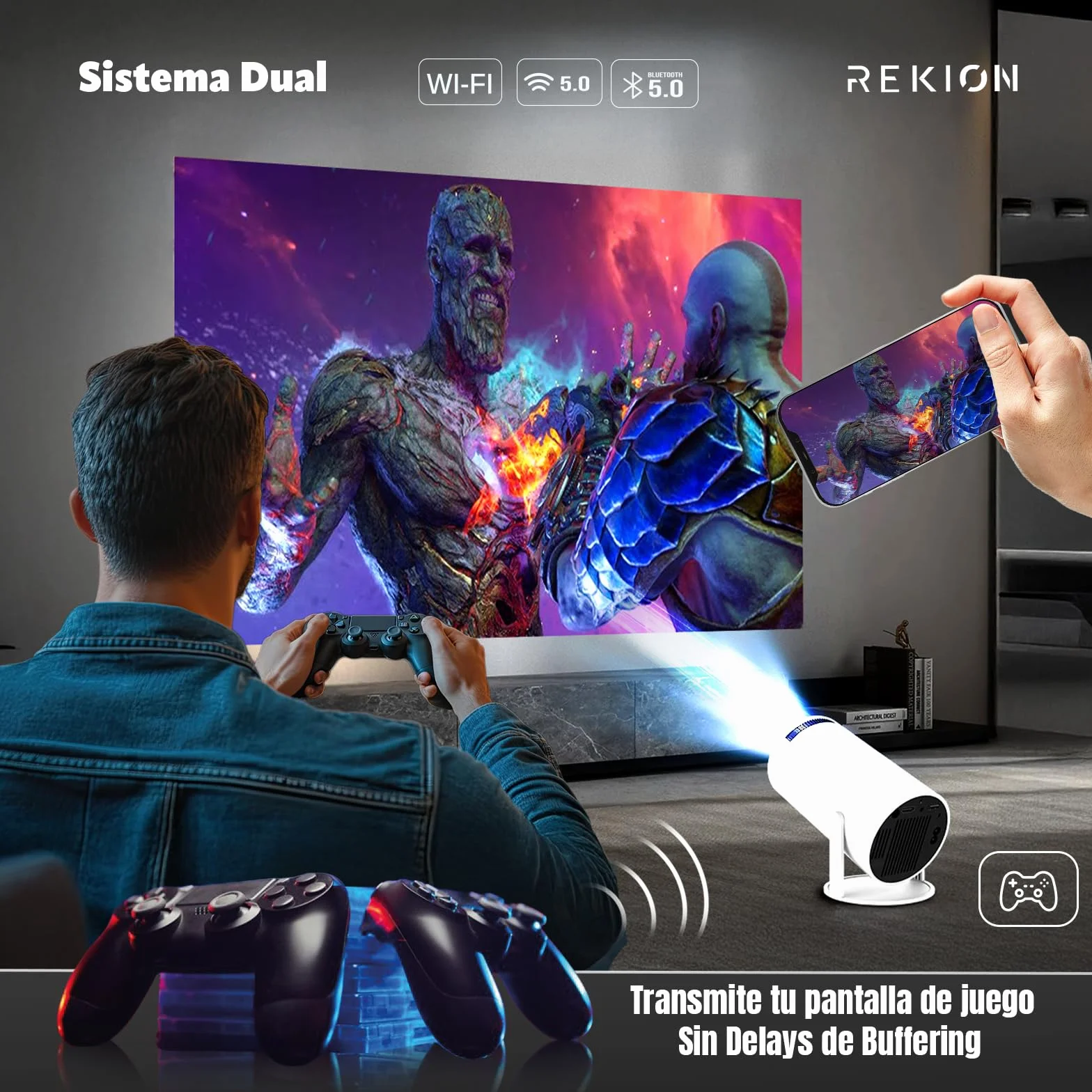 REKION® [Apps INTEGRADAS] Super Pack Mundial Proyector Portatil HY.300 4K + Pantalla 60 Pulgadas | HDMI Incluido + 1080P Full HD 250 ANSI 9000 Lúmenes | WiFi 6 Bluetooth 5.0 | Android 13 | 180°