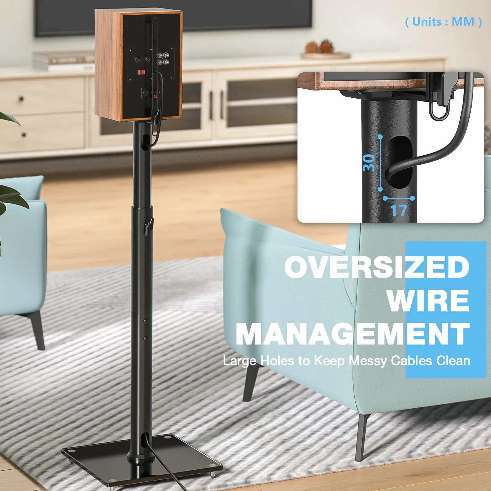 Soporte para Altavoces 5Rcom Altura Ajustable para Satélite y Estantería, Pack de 2, Soporta 5kg por Unidad, Diseño Elegante, Montaje Fácil, Gestión de Cables