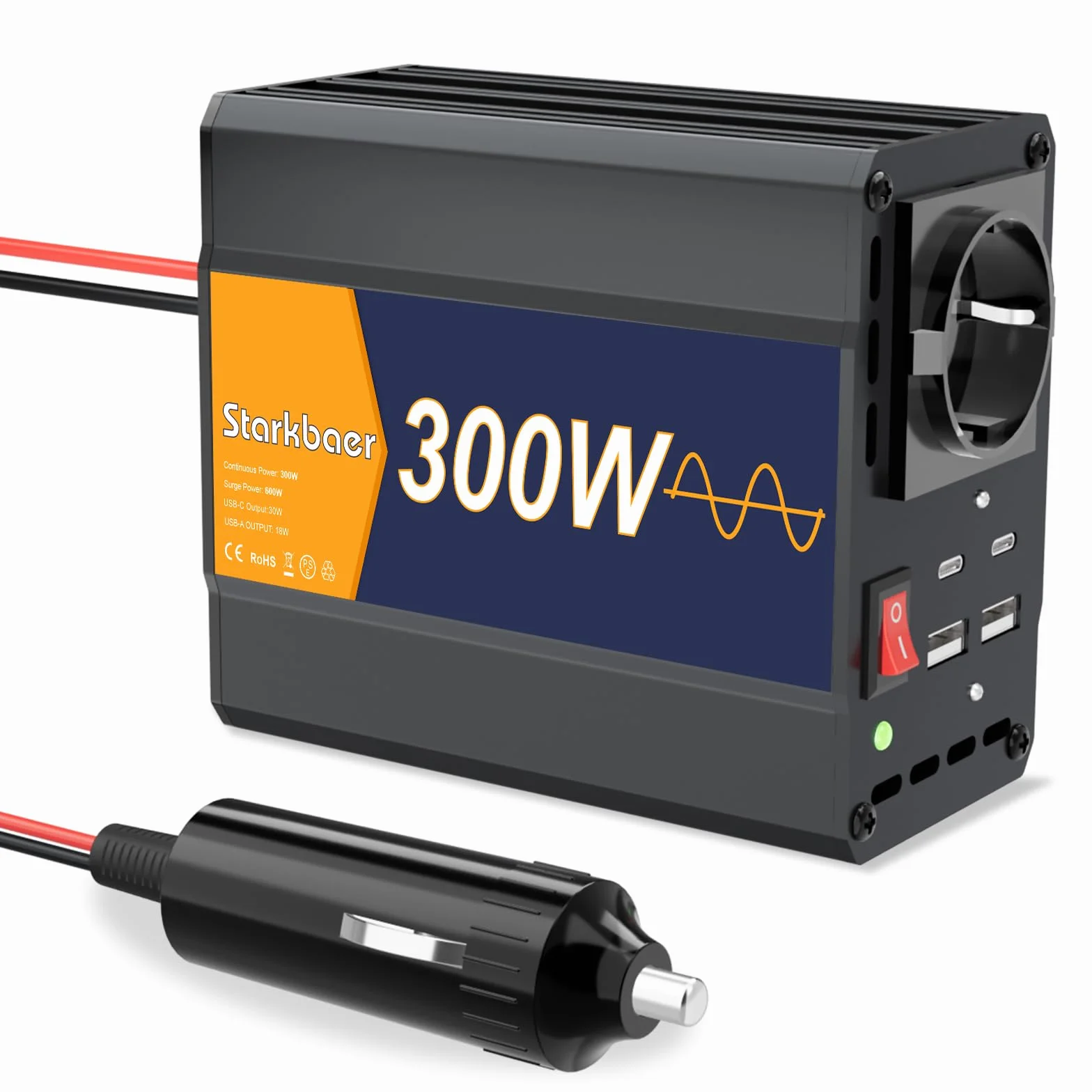 300W/600W Inversor 12V 220V Onda Pura Transformador, Inversor para coche, convertidor de corriente con 4 puertos USB y 1 salida CA. Fuente de alimentación al aire libre, aleación de aluminio