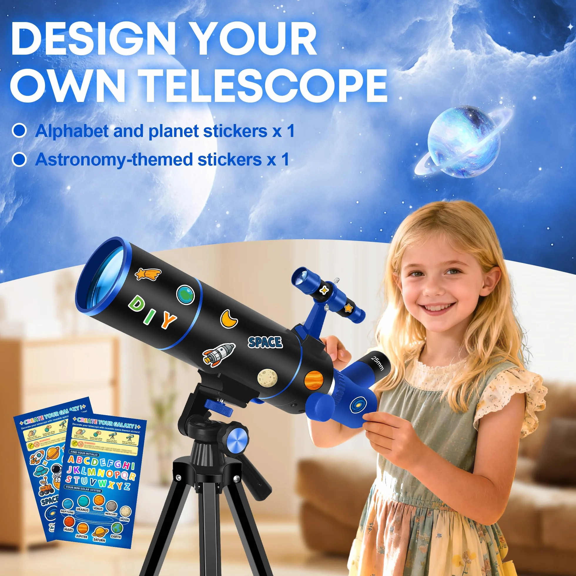 Dianfan Telescopio, 80 mm Apertura Telescopio Astronómico Adultos, Portátil Telescopios para Niños Y Principiantes,Óptica Multirrevestida, con Adaptador para Teléfono, Mochila Y Pegatinas