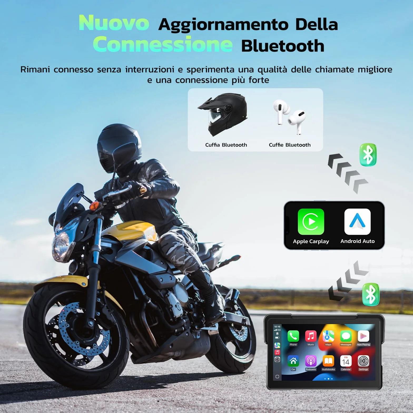 LAMTTO CarPlay Pantalla para Motocicleta 7 Pulgadas IPx7 Impermeable Inalámbrico Bluetooth GPS