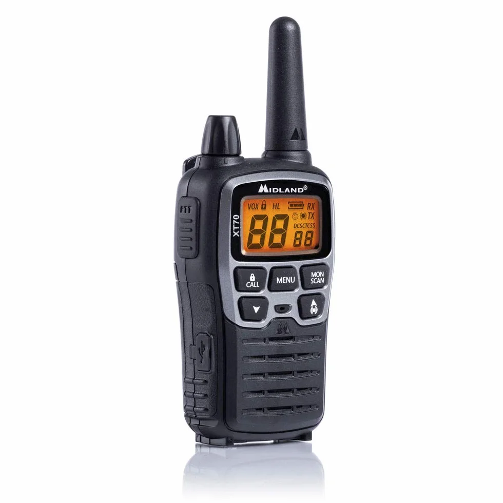 Midland C1180 XT70 - Walkie Talkie Profesional de Doble Banda con Carga Rápida - Gris - Formato 69 LPD y 24 PMR446, 12 km de Alcance, 38 Tonos, 83 Códigos - Set de 2 Transceptores