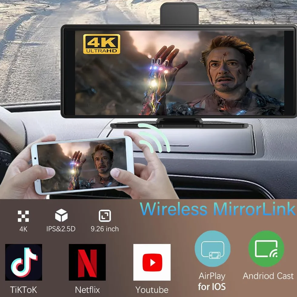 10.26" Wireless Carplay Screen 360 Rotation 4K Dash Cam Auto Stereo Backup Camera GPS Navigation