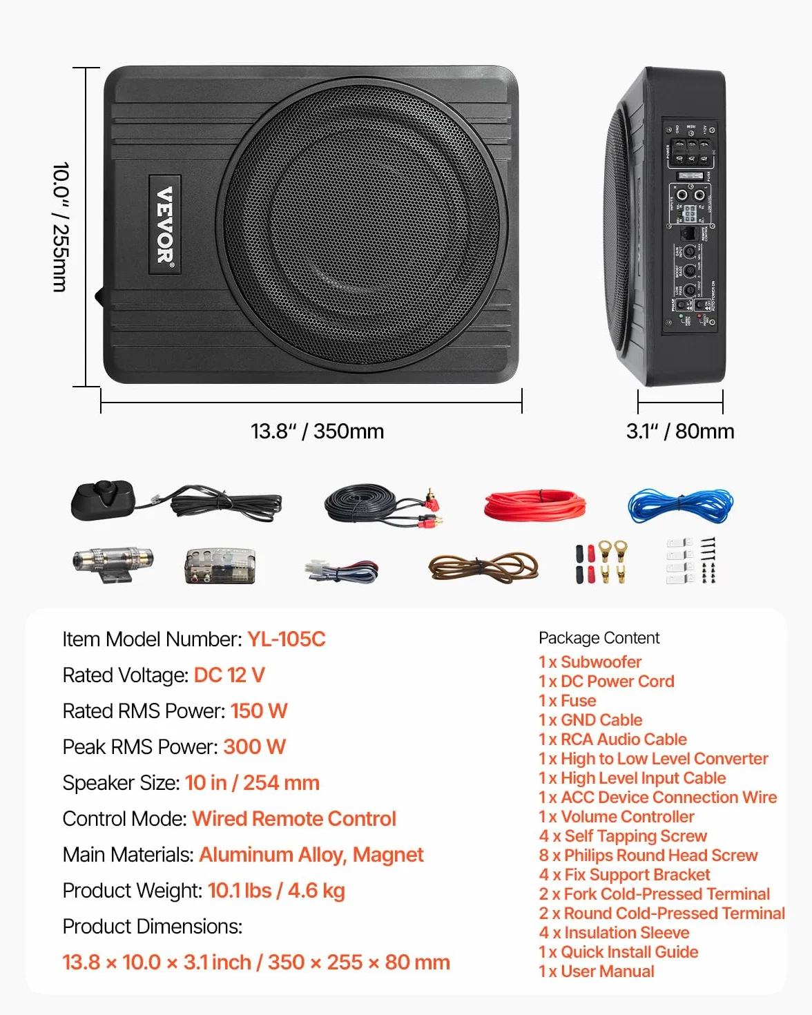 VEVOR Subwoofer para Debajo del Asiento para Automóvil 254 mm 300 W Altavoz Compacto para Coche Amplificador Incorporado Entrada Bajo Controlador de Volumen Control Remoto con Cable
