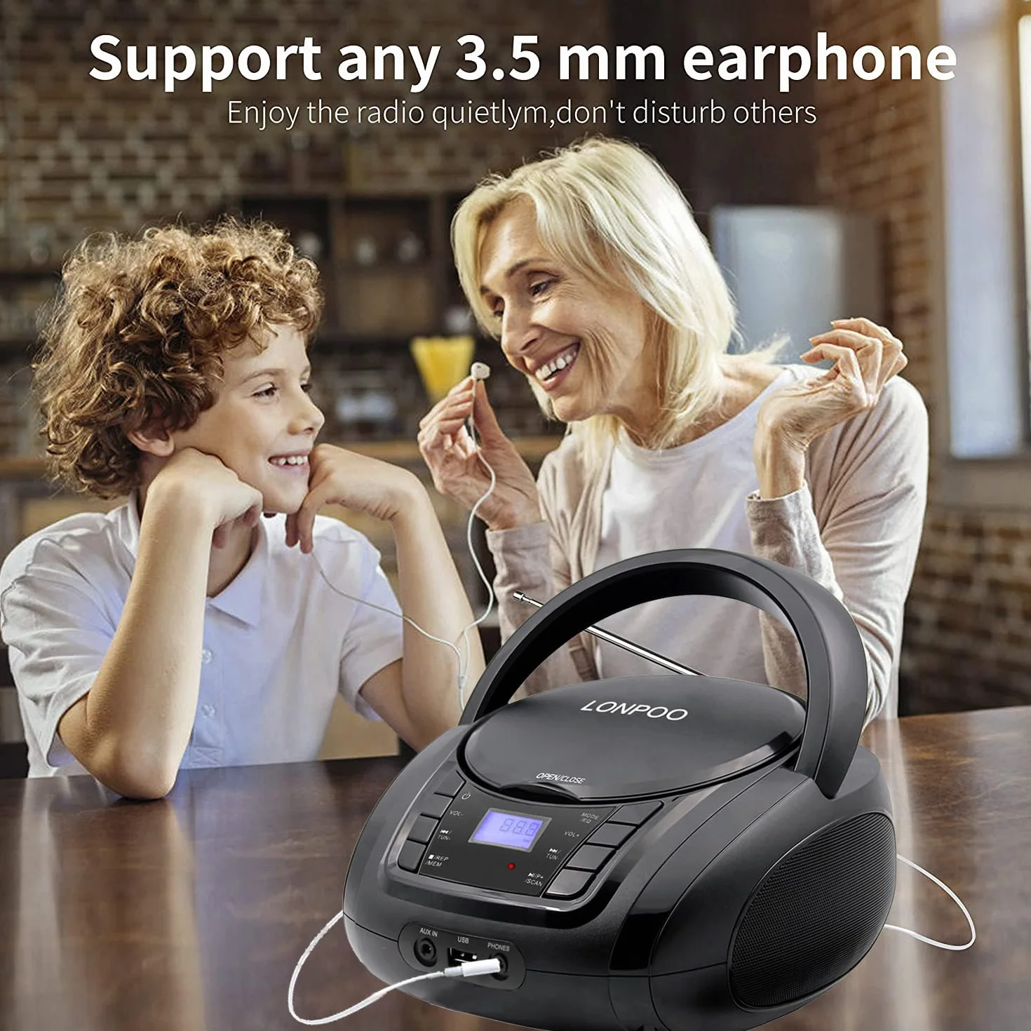 LONPOO Lectore de CD Portátil Boombox Reproductor Bluetooth/Radio FM/USB 2.0 / AUX-IN/Salida de Auriculares/Estéreo Altavoz /5 EQ
