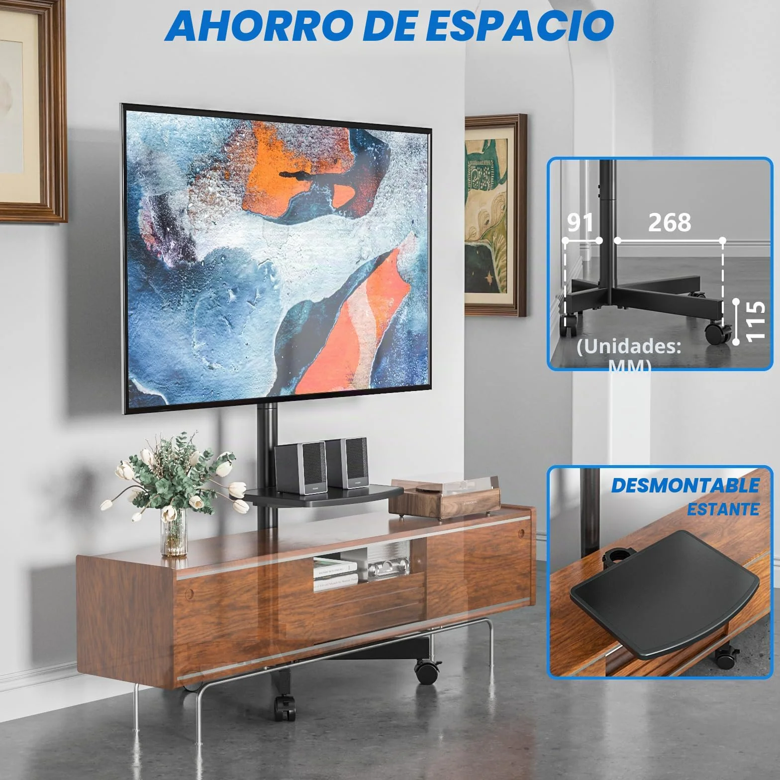 RFIVER Soporte TV Móvil con Ruedas para TV 27-60 Pulgadas, Inclinación +5/-2°, Altura Ajustable, VESA 400x400mm, 40 kg