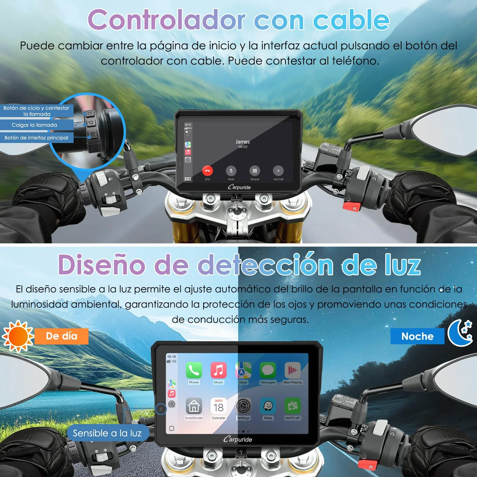 CARPURIDE W702S Pro Motocicleta CarPlay 7" Impermeable Táctil Pantalla Inalámbrico Android Auto Dual Bluetooth