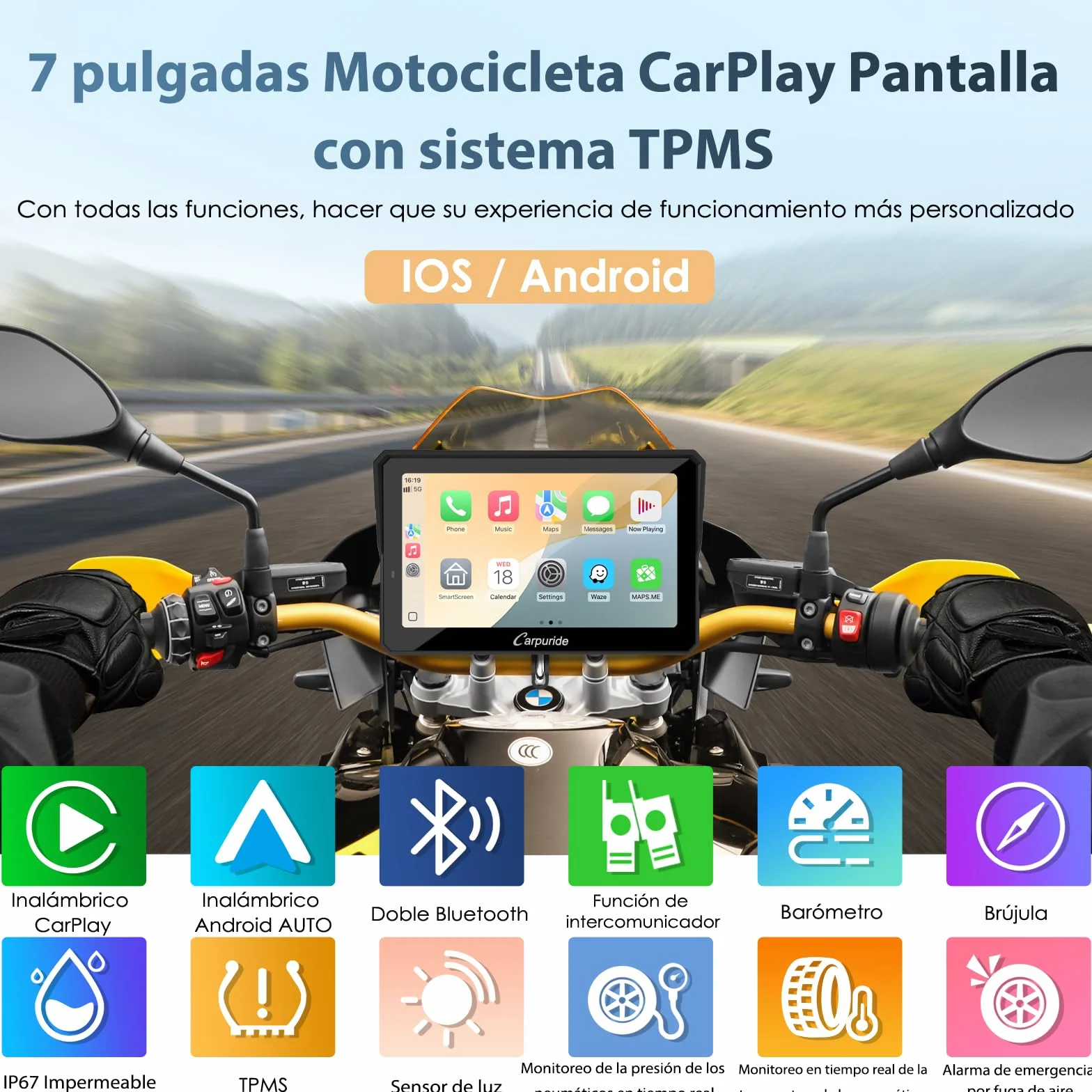Carpuride W702T Pro Motocicleta Carplay Pantalla con TPMS Sistema, Inalámbrico CarPlay y Android Auto, 7" Impermeable Táctilpantalla, Dual Bluetooth, Intercomunicador Función, Nav, Brújula, Barómetro.