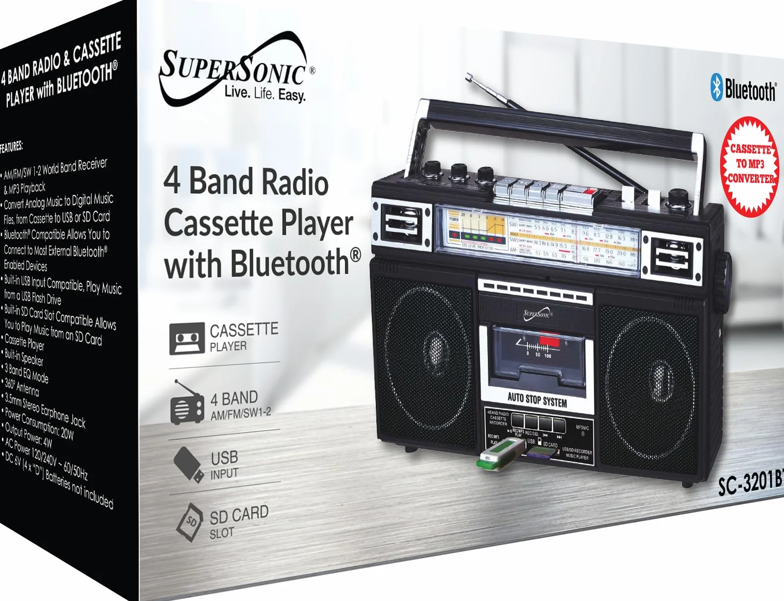 Supersonic SC-3201BT - Radio de 4 Bandas y Reproductor de Casete Boombox, Altavoz Bluetooth, Radio Am/FM/SW con reproducción de MP3, USB y Tarjeta SD, Ecualizador de 3 Bandas y Conector para