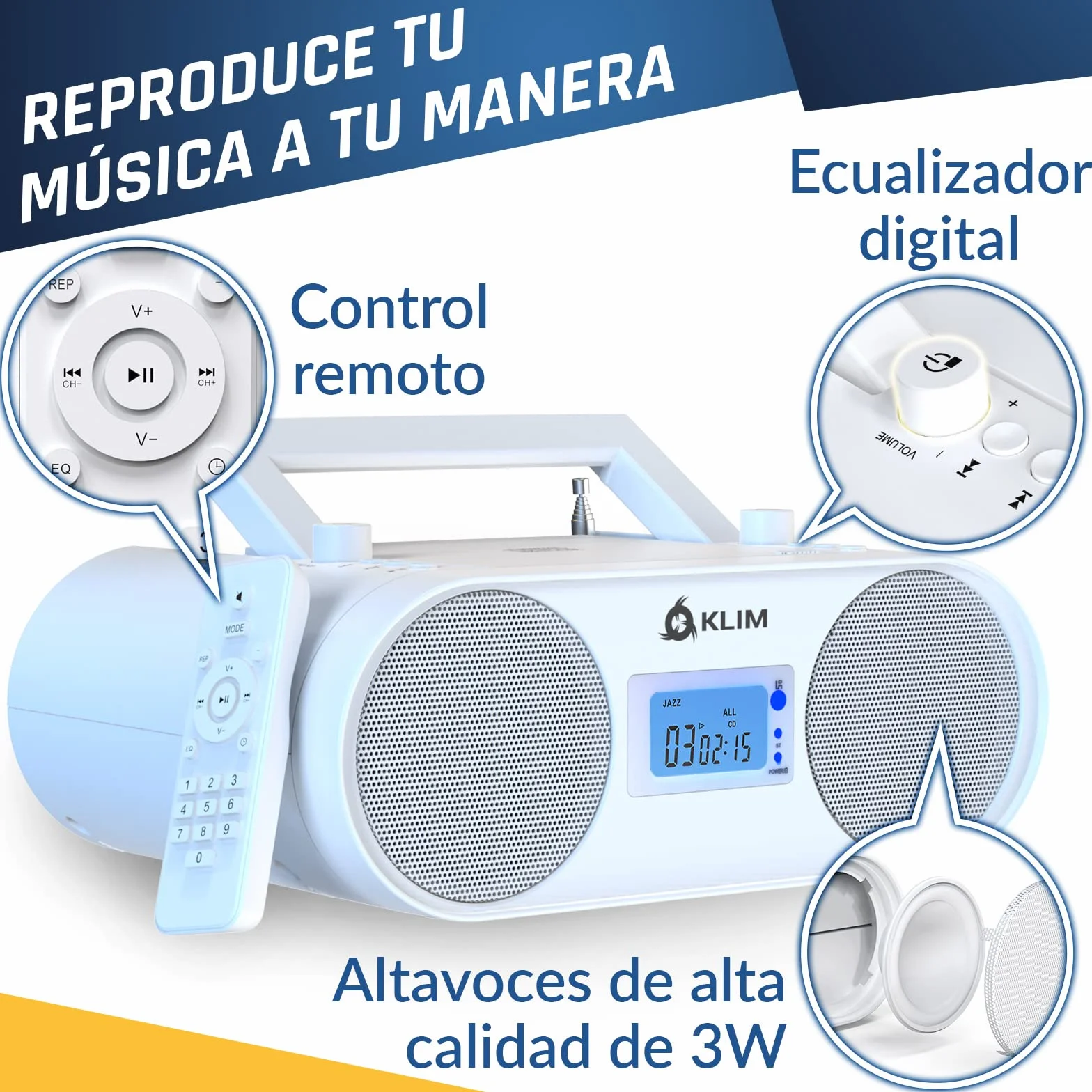 KLIM Boombox B4 Reproductor CD Portátil Radio FM Bluetooth MP3 AUX USB Batería Recargable Blanco