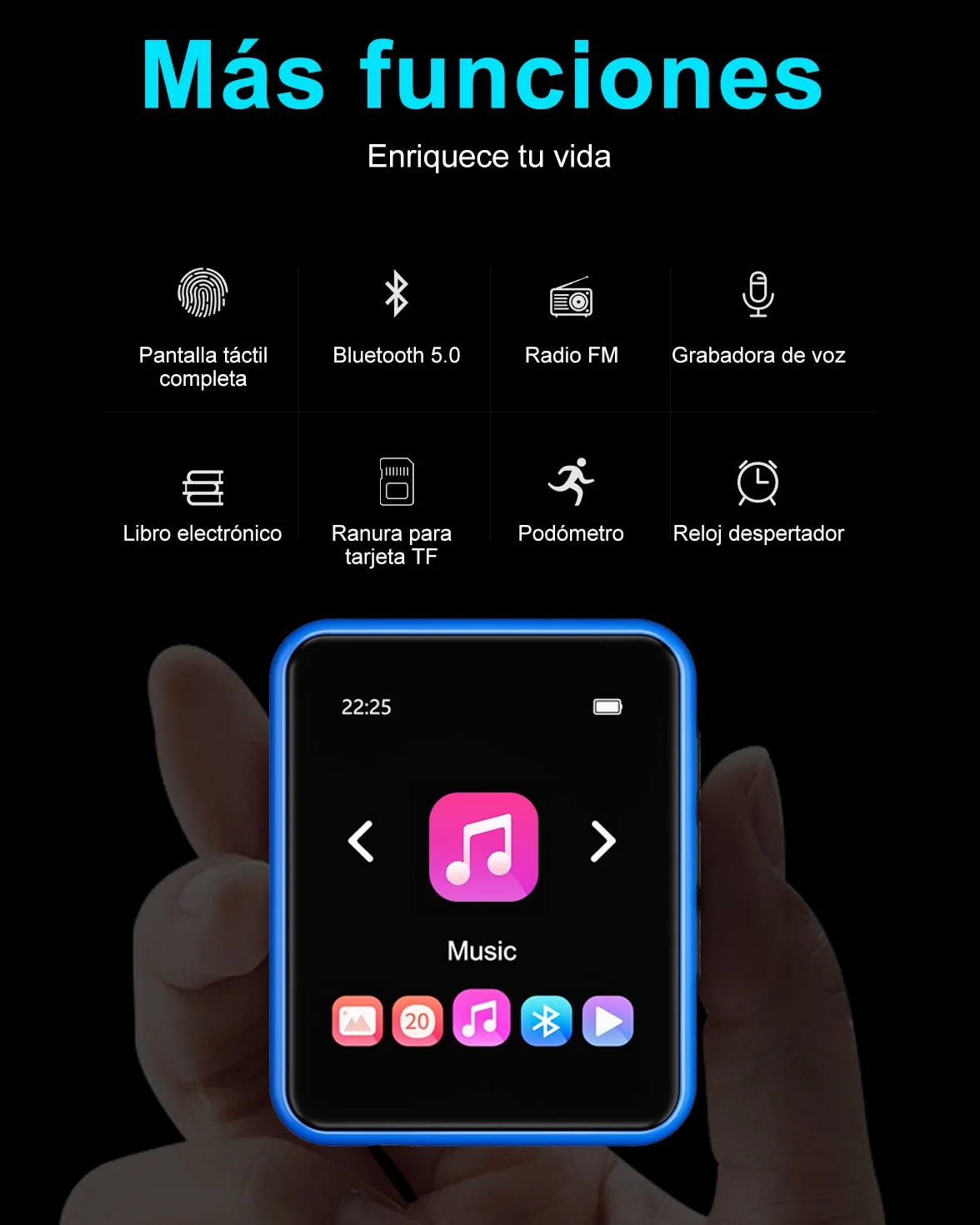 Reproductor MP3 Bluetooth 5.0 32GB con Pantalla Táctil, HiFi, Radio FM, Grabación de Voz