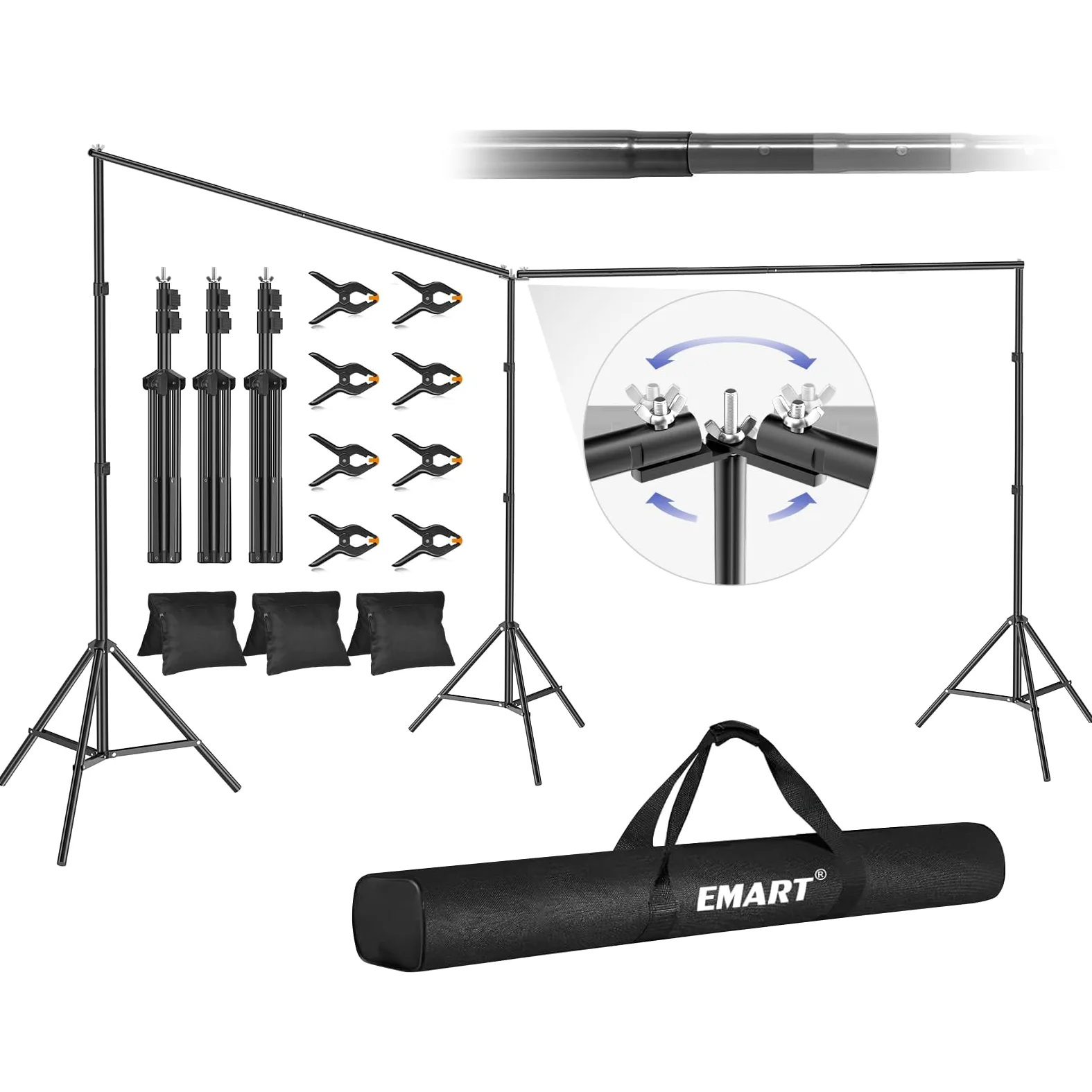 EMART Soporte de Fondo, Gran Soporte Fondo Fotográfico Ajustable de 6x2,1m con Conexión Giratoria de 308°, Soporte de Fondo Fotográfico para Estudios Fotográficos, Bodas, Cumpleaños, Decoración