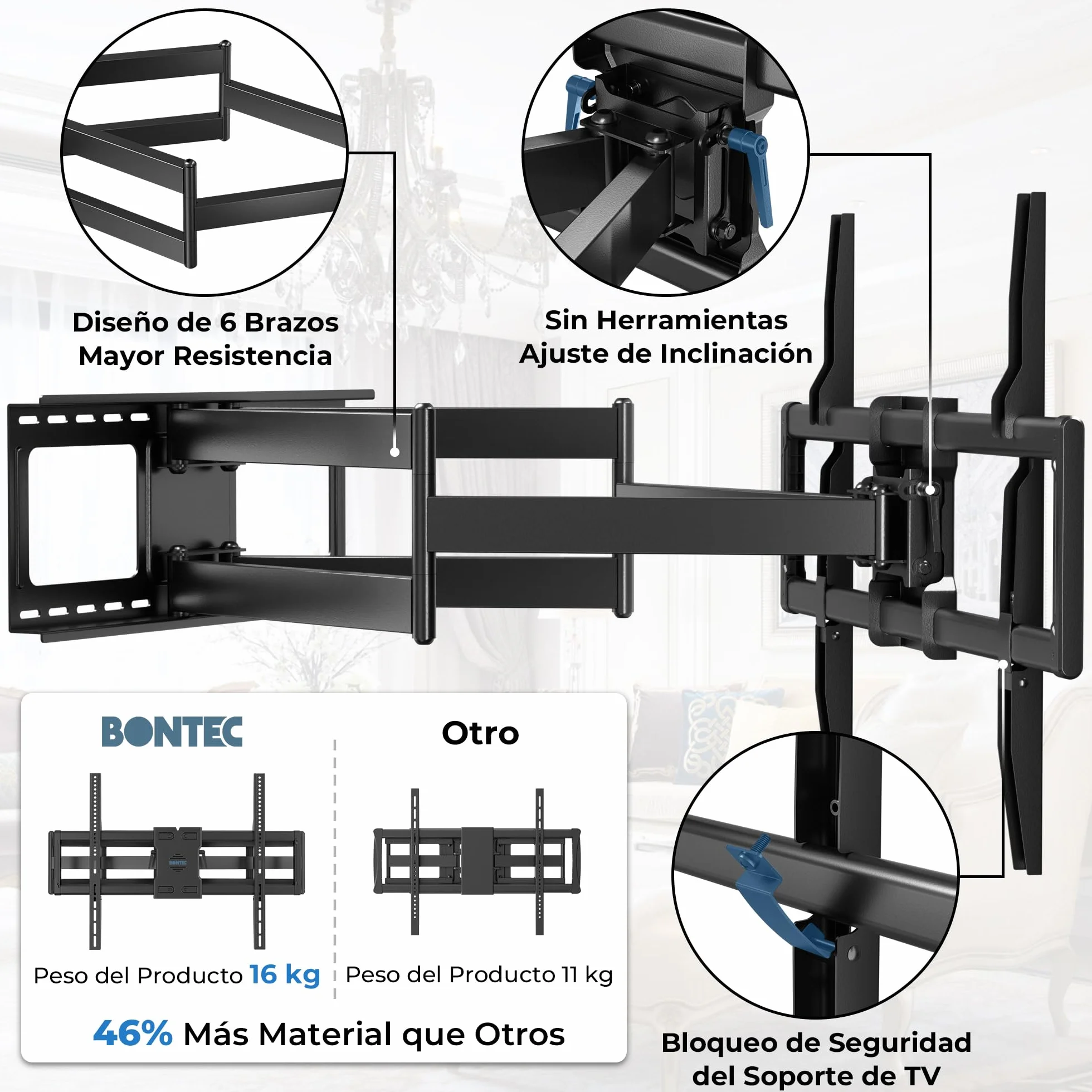 BONTEC Soporte TV Pared de 60-110 Pulgadas, Soporte Television Pared Giratorio e Inclinable, Extensión de 1016 mm, VESA 800x600 mm, Carga 125 kg, para Televisores Planos, Curvos y Pantallas Grandes