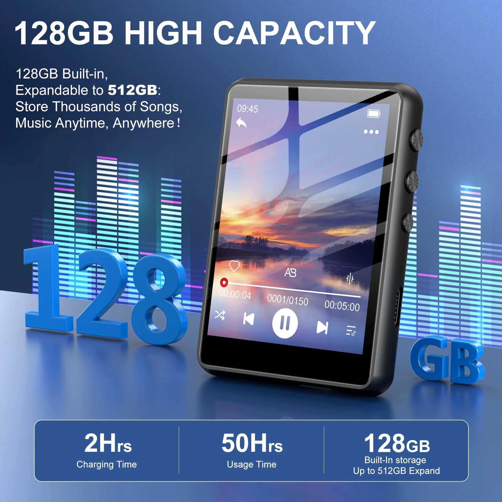 SWOFY 128GB Reproductor MP3 SWOFY Bluetooth 5.3, Batería 300mAh, Pantalla Táctil Mini 2,4 Pulgadas, Soporta Tarjeta TF de hasta 128 GB (Negro)