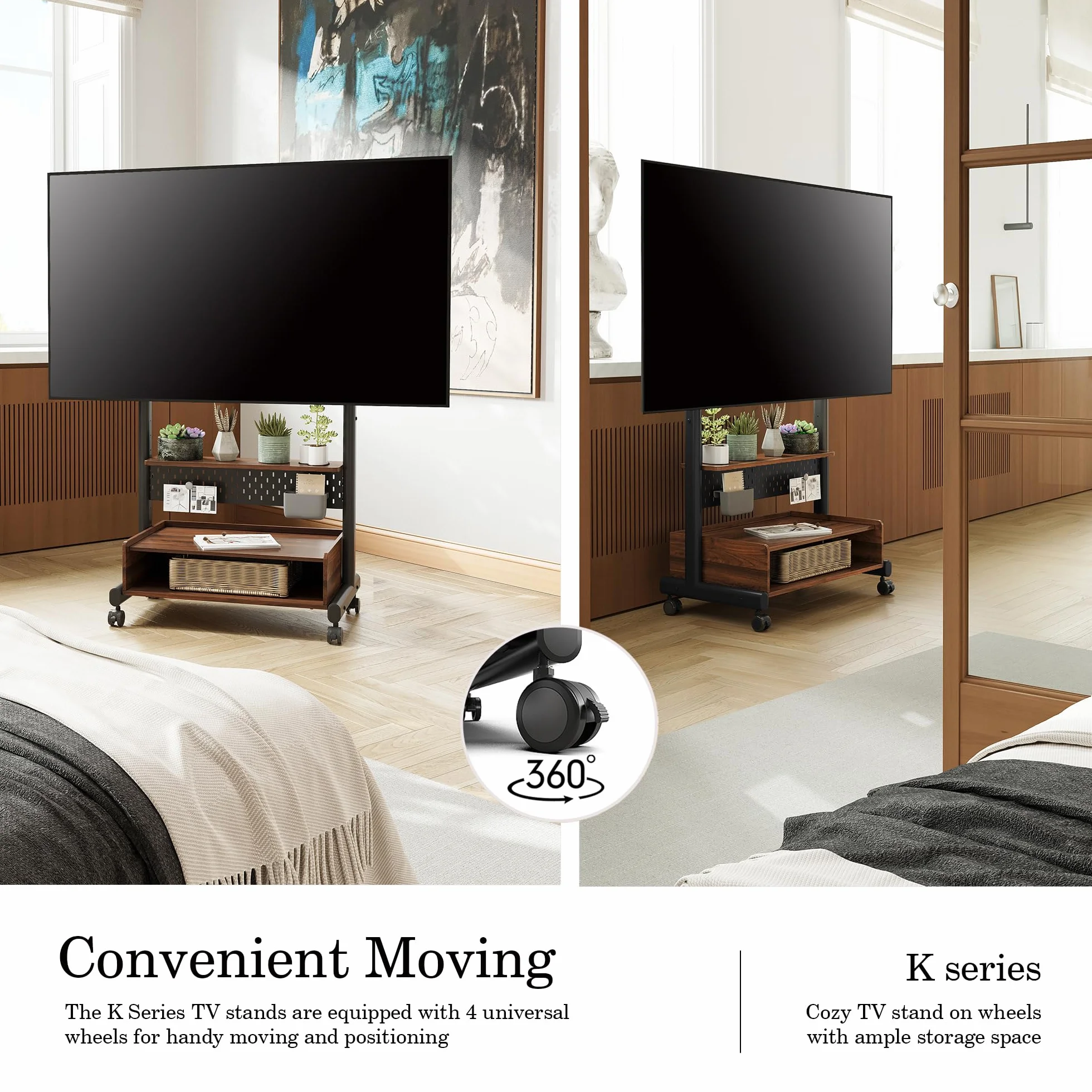 FITUEYES Soporte TV con Ruedas para Pantallas de 40 a 85 Pulgadas,MAX Carga de 60kg,Soporte TV Móvil con Mueble de Madera y Tablero Perforado,Altura Ajustable y Gestión de Cable,Serie K